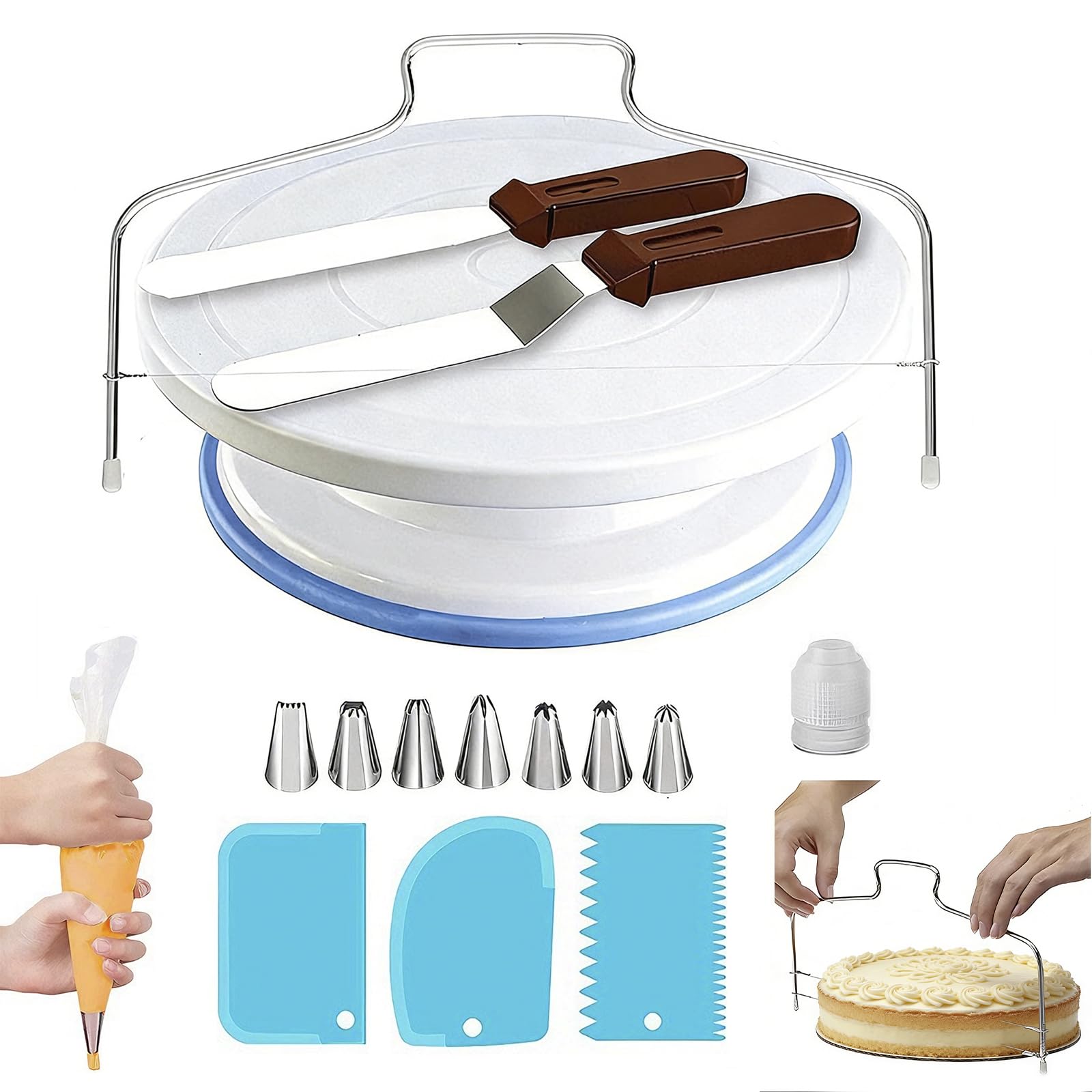 35pcs Cake Decorating Kit - Brown Baking Set with Rotating Cake Turntable, Icing Tips, Piping Bags, Spatula, Scrapers and Non-Slip Stand for Professional Cake Decorating
