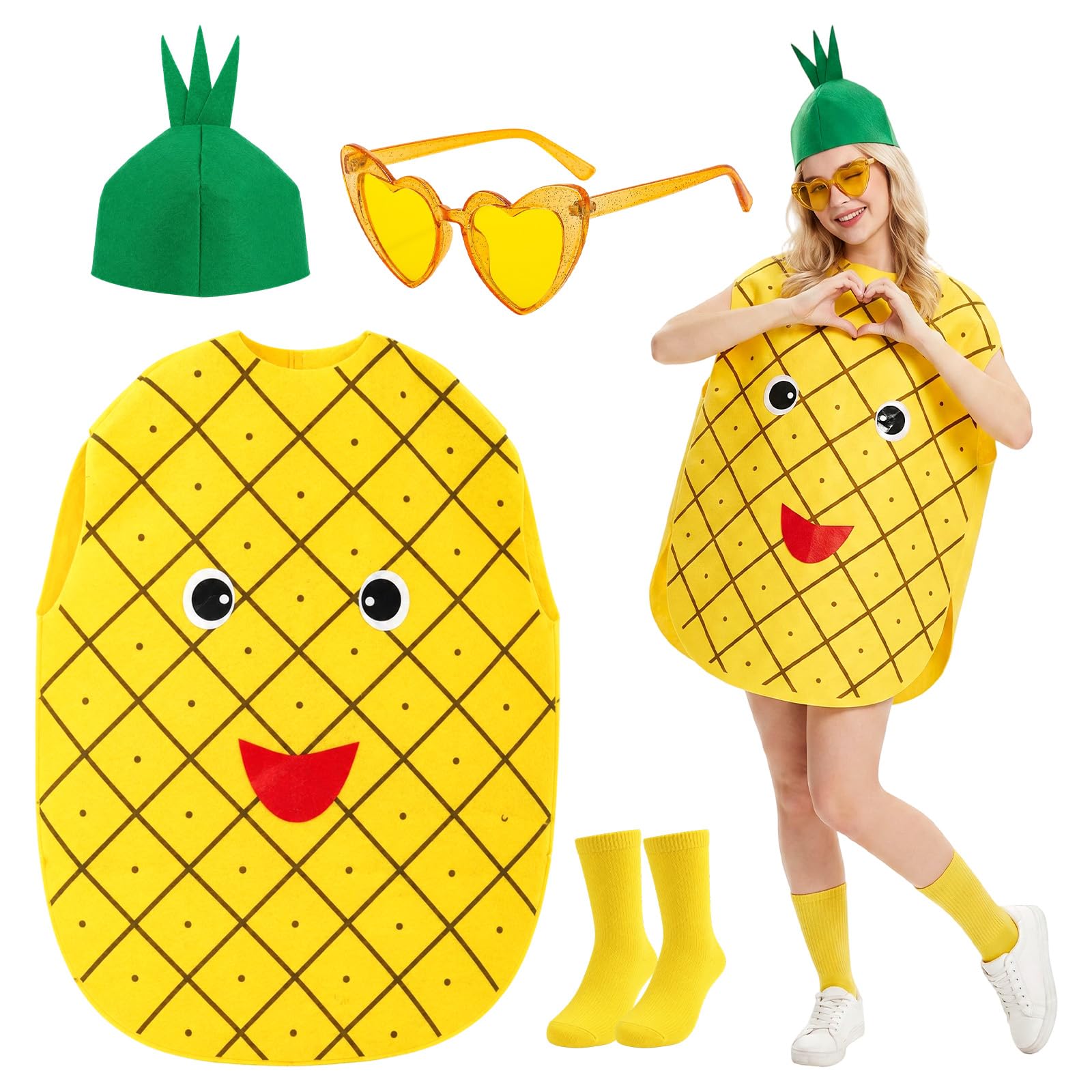 Dazzroi 4Pcs Adult Pineapple Costume Set, Funny Fruit Fancy Dress for Men Women, Lightweight Vegetable Outfit with Green Hat Pineapple Suit Heart Glasses Socks for Halloween Themed Parties Role Play — image 1