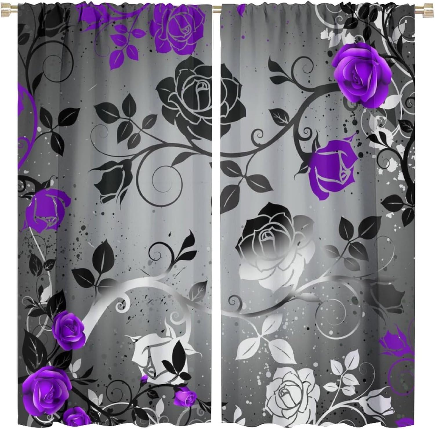 Abstract Grey Purple Rose Floral Curtains Romantic Modern Flower Black Leaves for Women Girls Bedroom Decor Printed Rod Pocket Blackout Window Drapes for Living Room Kitchen Cafe W31.5xL63in 2 Panels