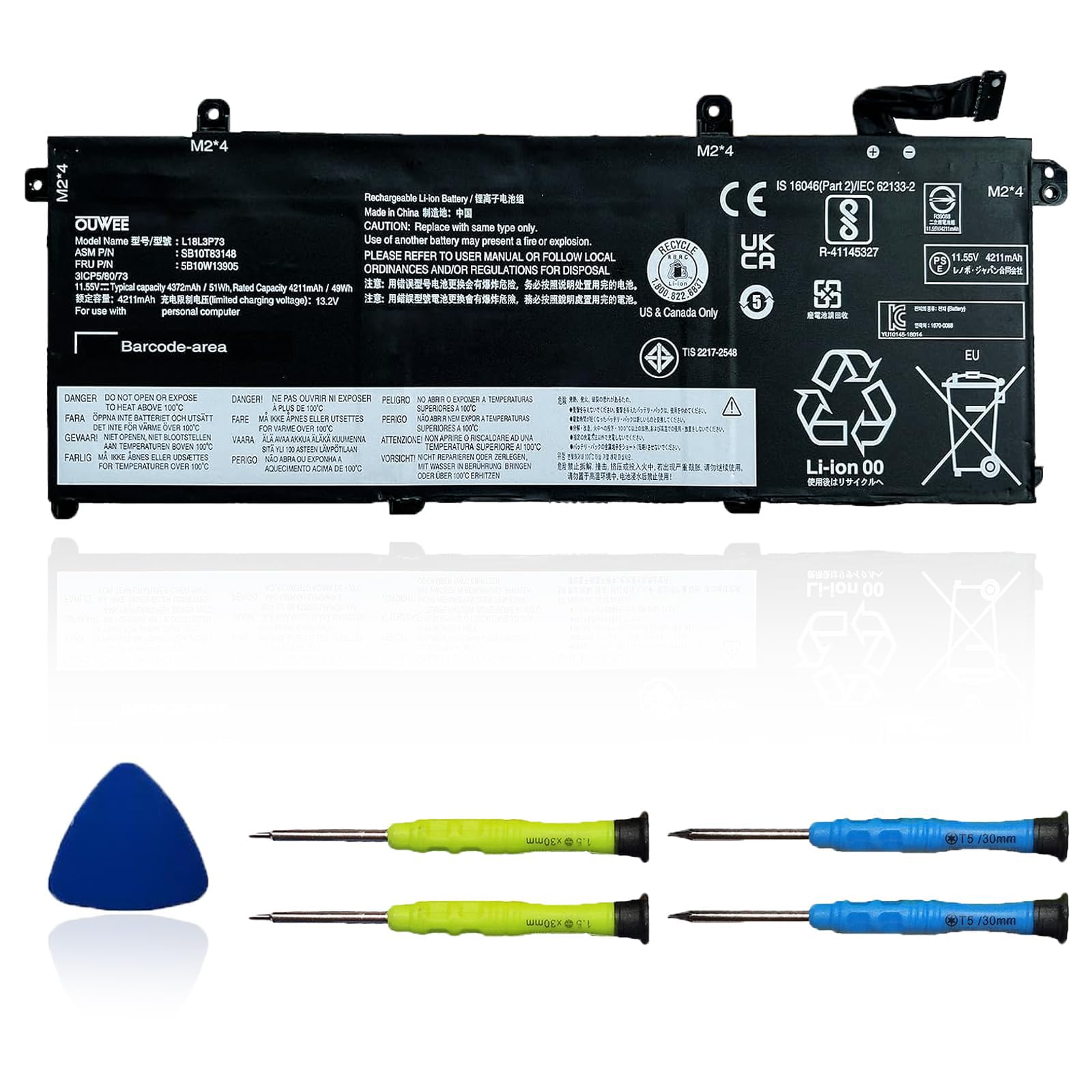 L18L3P73 L18M3P73 L18M3P74 Laptop Battery Compatible with Lenovo ThinkPad T490 T495 P43S Series SB10K97645 02DL007 L18M4P73 SB10K97646 L18C3P72 L18M4P74 L18C3P71 SB10K97648 11.52V 51Wh 4345mAh