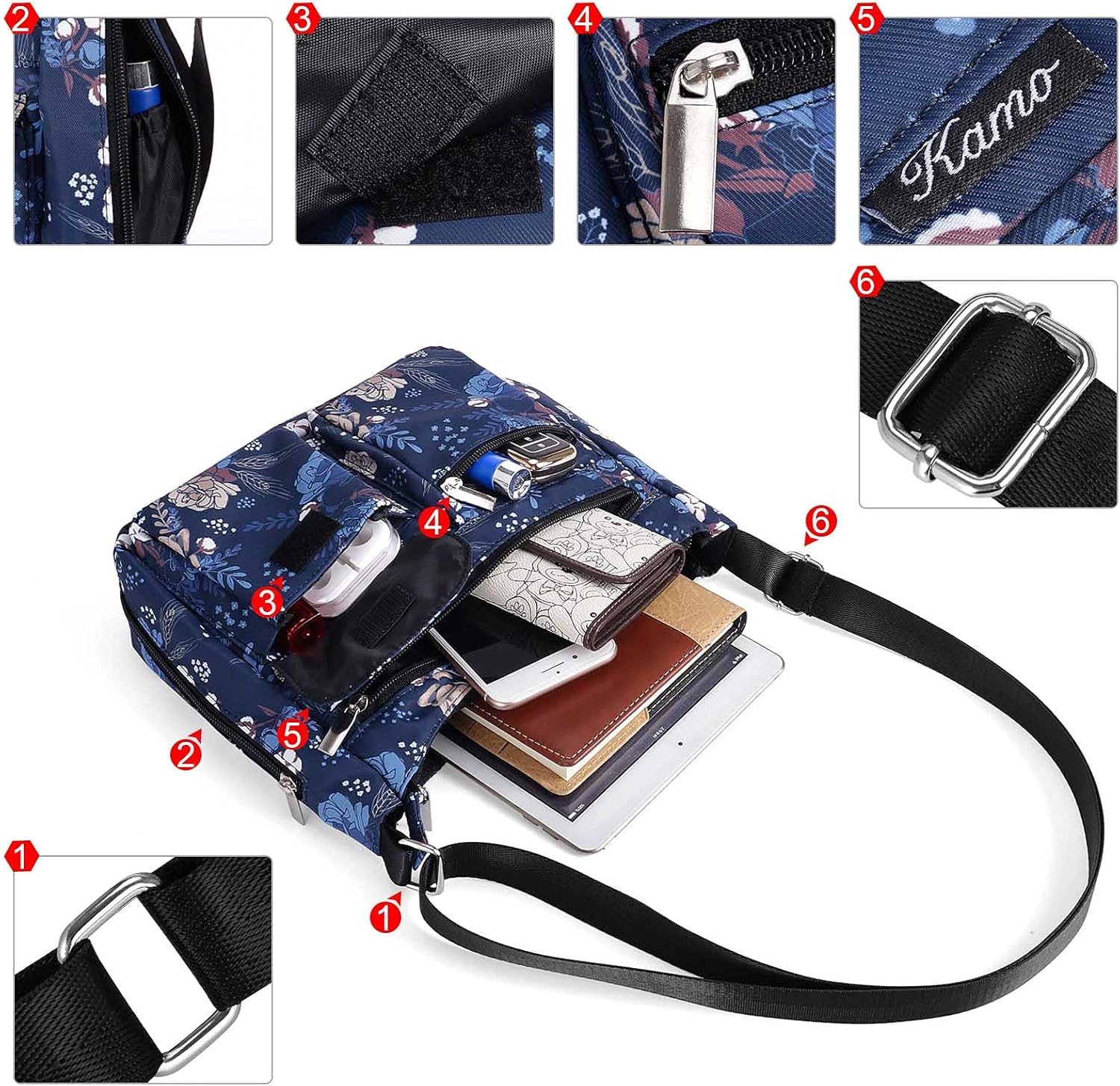Kamo Crossbody for Women - Multi-pocket Shoulder Lightweight Messenger Casual Printed Purse Handbag Travel Bag - Image 3