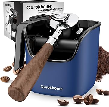 Ourokhome Espresso Knock Box with Lid, Compact Coffee Grounds Container for Home Coffee Bar, Removable Knock Bar, 304 Stainless Steel Exterior, Non-Slip Base & Handle, Easy Clean Deep Blue