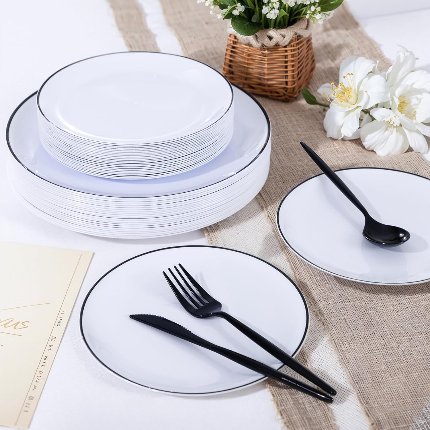 EI 100pcs White and Black Disposable Plates for Party,White Plastic Dinner Plates with Black Rim Disposable,Plastic Dessert Plate for Wedding,Family Party,Afternoon Tea Business New Year