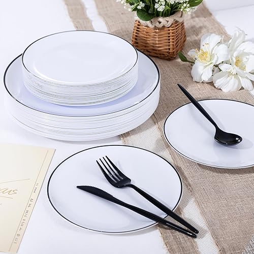Miniatura 5 de ejonirinjonir EI 100 platos de plástico blanco y negro, platos de plástico para fiesta, platos llanos de plástico con borde negro, platos de
