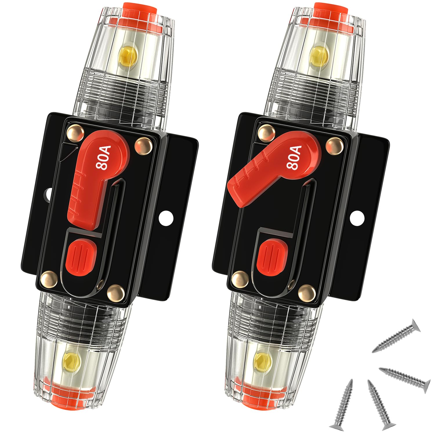 Bolipoeq 80 Amp Manual Reset Circuit Breaker DC 12-48V Waterproof Inline Fuse Holder, 3-15 AWG Overload Protection for Car Audio Sound Amplifier