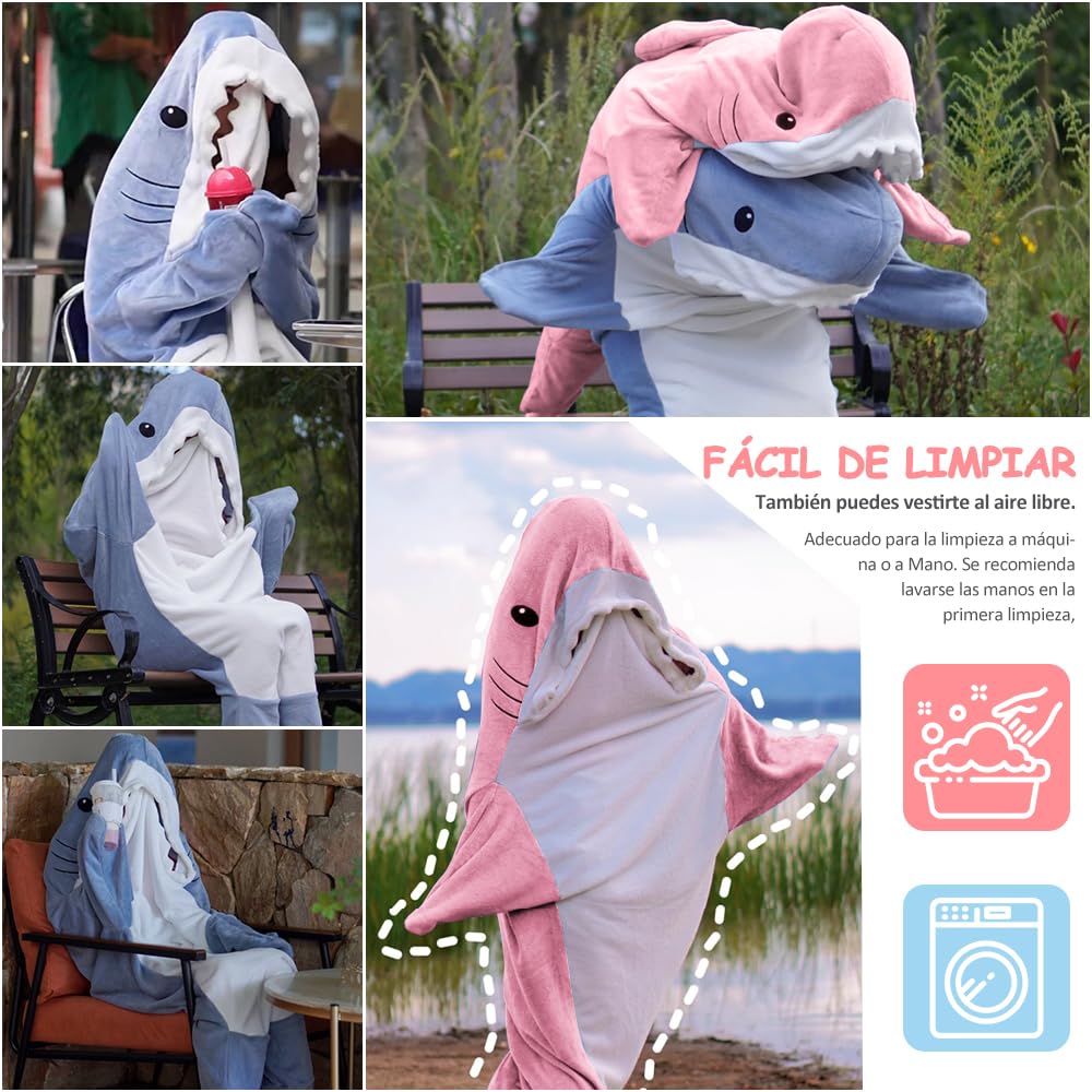 Manta de Tiburón con Capucha, Manta de Tiburón Onesie Saco de Dormir, Suave Franela Tiburón Manta con Capucha, Wearable Cola de Tiburón Onesie Manta (L(67 * 27,5in), Rosa)