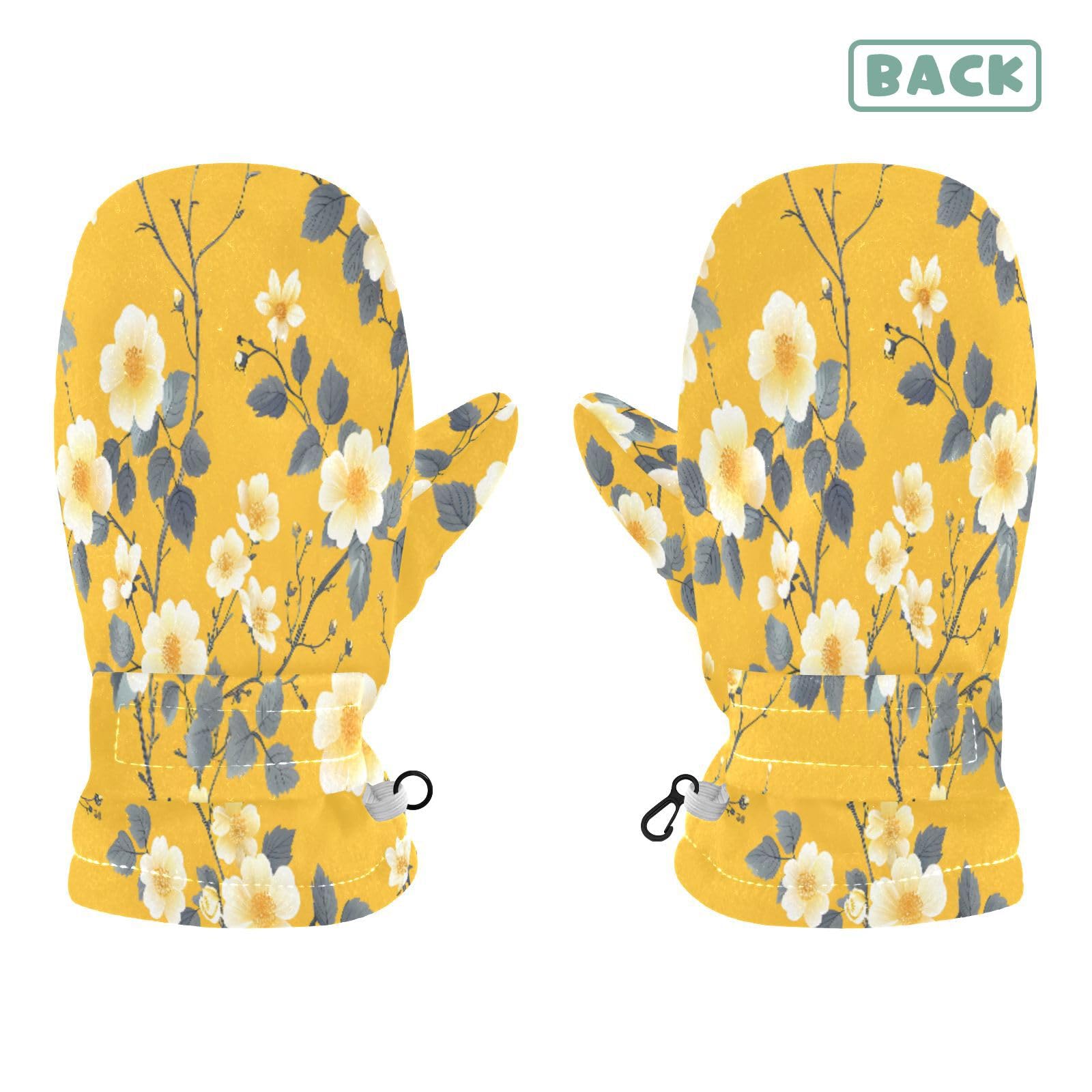 Kid's Winter Gloves Children Warm Gloves White Yellow Leaves Flower for Boys Girl Age 4-6 Years