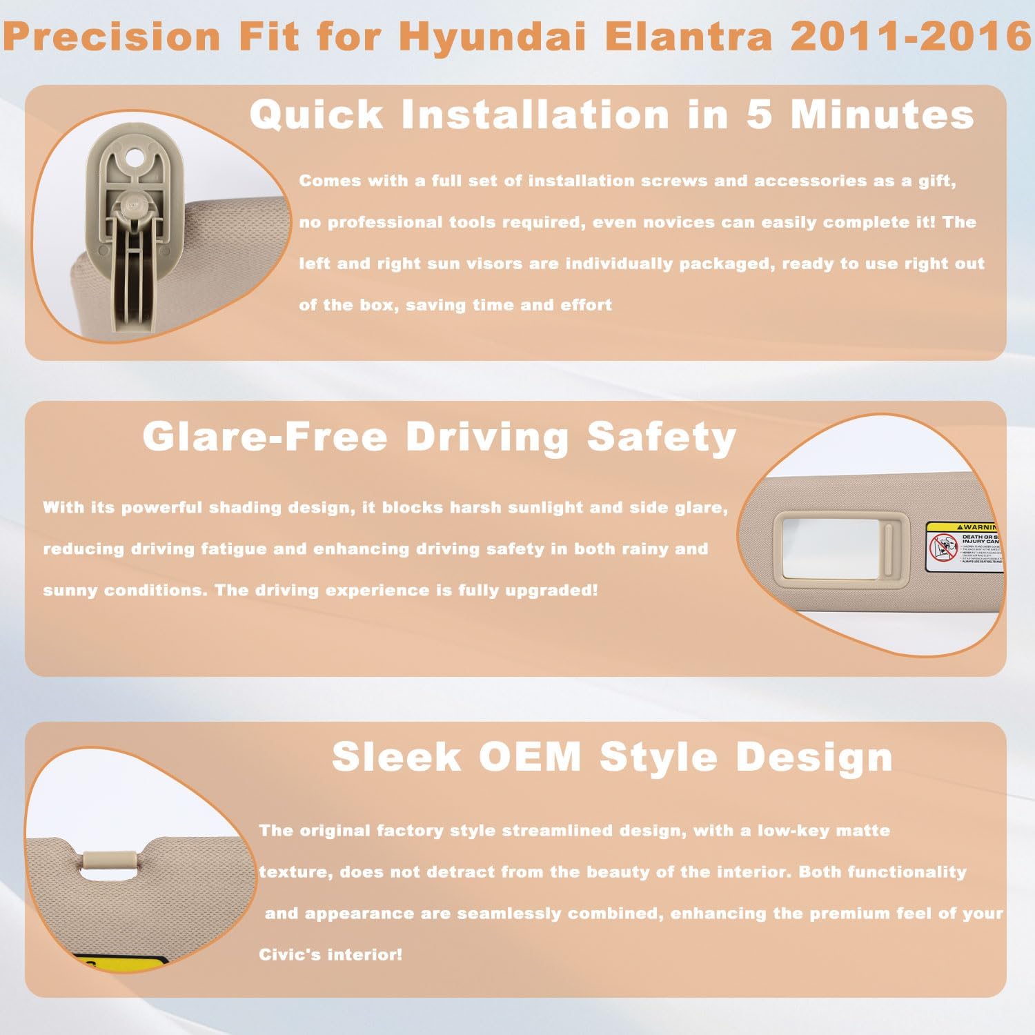 Pair Sun Visor Compatible with 2011-2016 Hyundai Elantra (Not for GT Models), Driver & Passenger Side Sunvisor Replacement Kit with Clips & Screws, Replaces OEM 85210-3X040-TX (Color Beige)