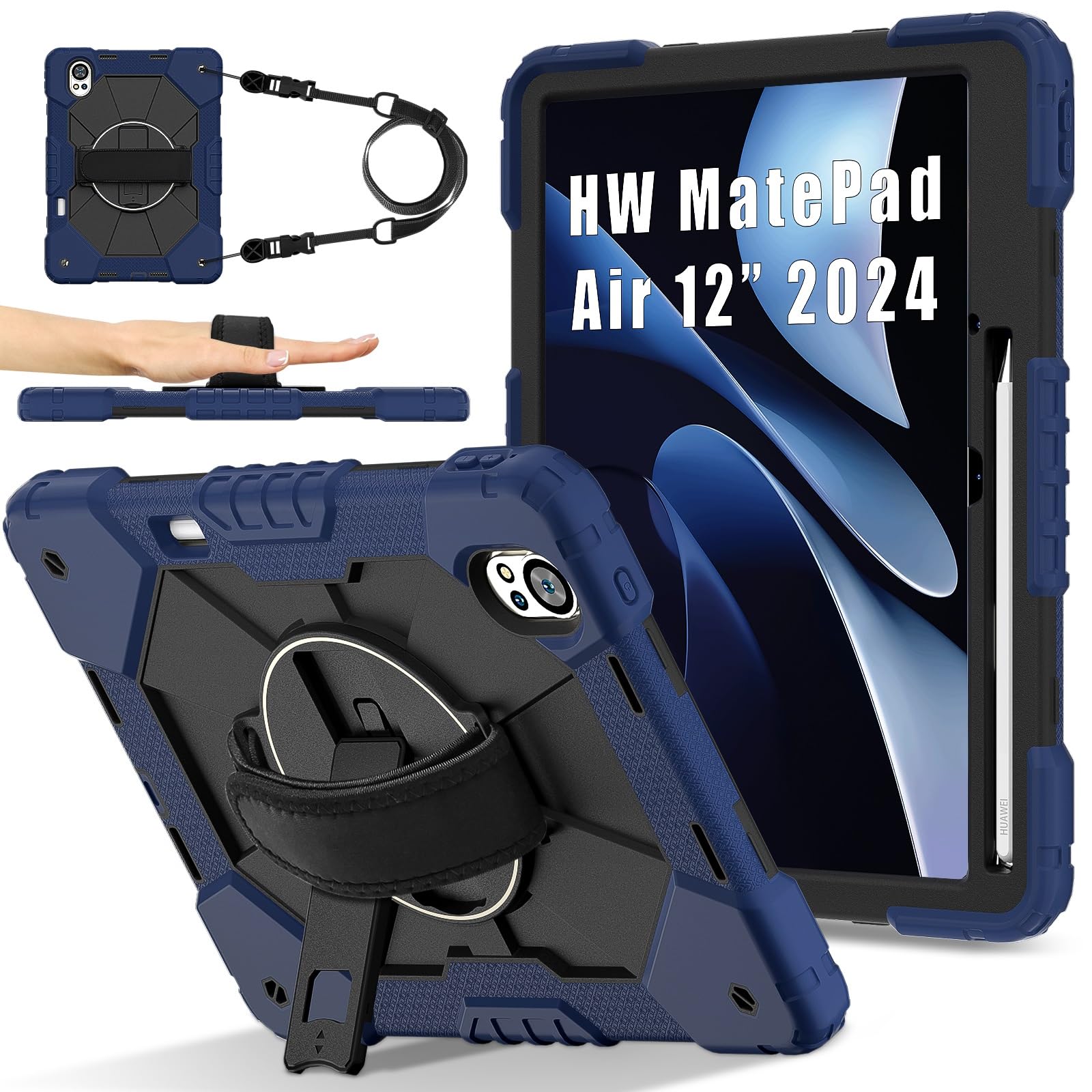 Kompatybilny z Huawei MatePad Air 12 cali 2024 Wstrząsoodporne etui dla dzieci, [podpórka] [pasek na ramię] Obrotowy o 360 stopni pasek rękę Uchwyt stojaka Wytrzymała, solidna obudowa(Navy blue)
