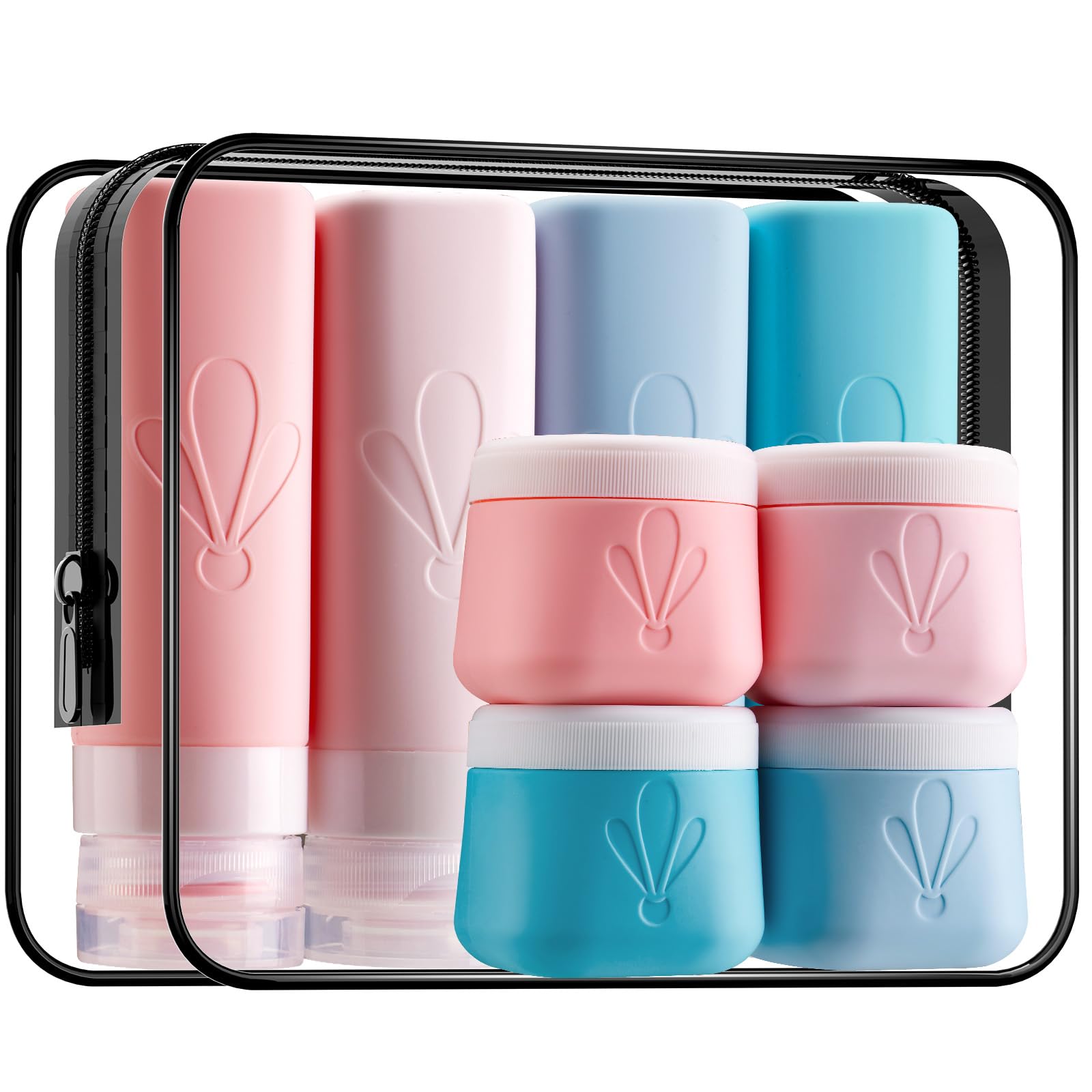 INSFIT 8 Pack Travel Bottles for Toiletries CAA Approved 90ML Silicone Travel Bottles and 60ML Cream Jars