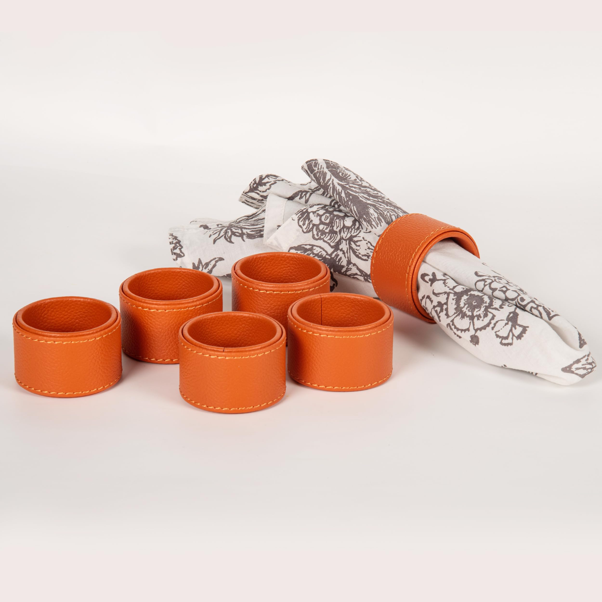 CASA BOTANICAL Hand Crafted Faux Leather Napkin Rings - Set of 6 for Table Decor, Weddings, Dinner Parties, Decorations Orange 2