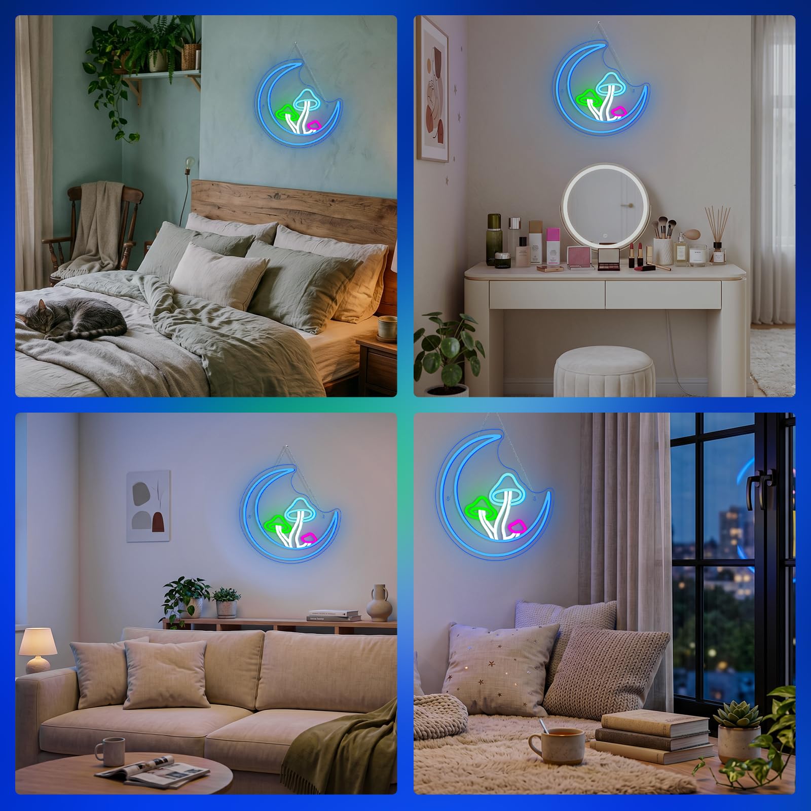 Księżyc, grzyb, neonowy znak, niebieski księżyc, neonowe światła do dekoracji ścian, grzyb, podświetlane znaki USB LED do pokoju dziewczęcego, salonu, pokoju dziecięcego, domu, baru, sklepu