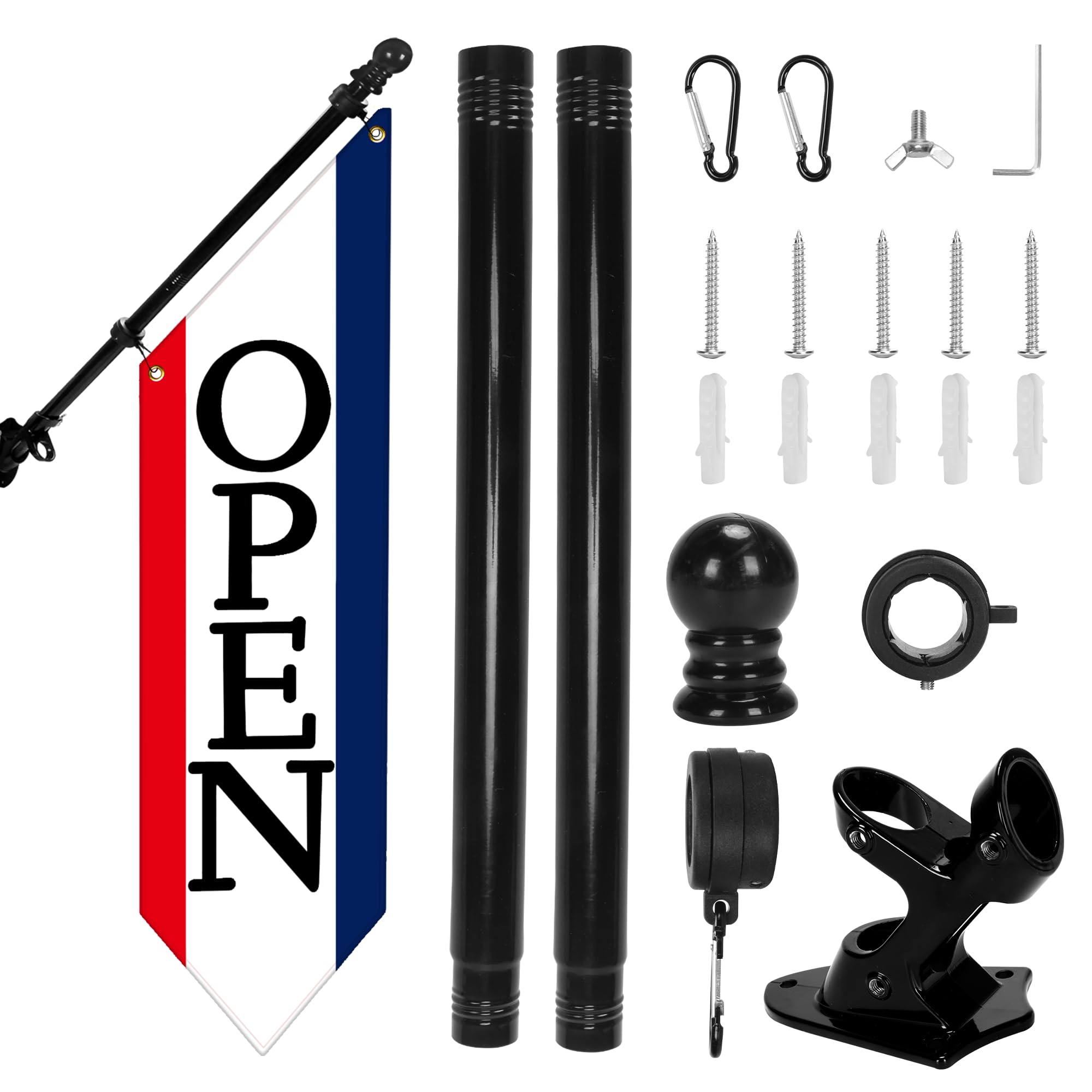 OPEN Flag with Pole Kit - Heavy Duty Canvas Open Banner for Business Storefront, 42x12 Inch Outdoor Double-Sided Sign with Bracket - Advertising Signage for Retail & Shops (Patriotic) โ image 1