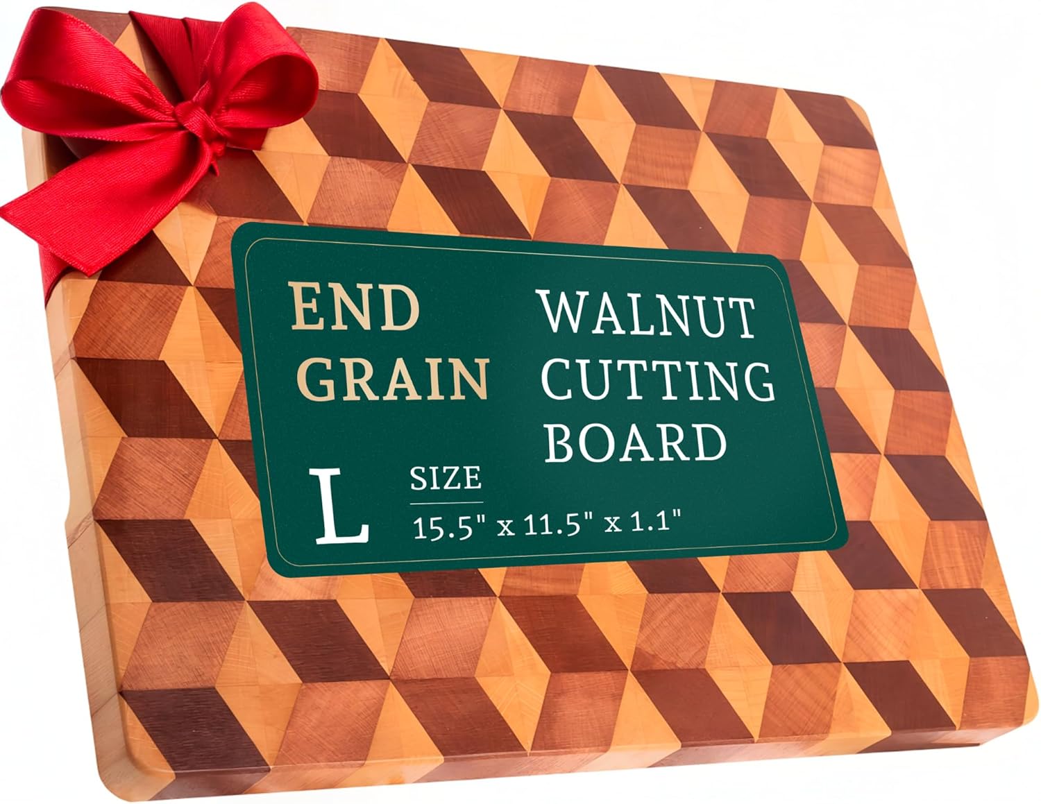 End Grain Wooden Cutting Board for Kitchen 15.5"x 11.5" - Walnut Hardwood Chopping Block with Non Slip Grips - Ideal for Charcuterie & Meat Butcher - Handmade 3D Design Wood (1.1'' Thick, Large) 15.5"L x 11.5"W