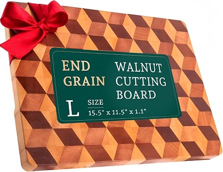 End Grain Wooden Cutting Board for Kitchen 15.5"x 11.5" - Walnut Hardwood Chopping Block with Non Slip Grips - Ideal for Charcuterie & Meat Butcher - Handmade 3D Design Wood 1.1 Thick, Large