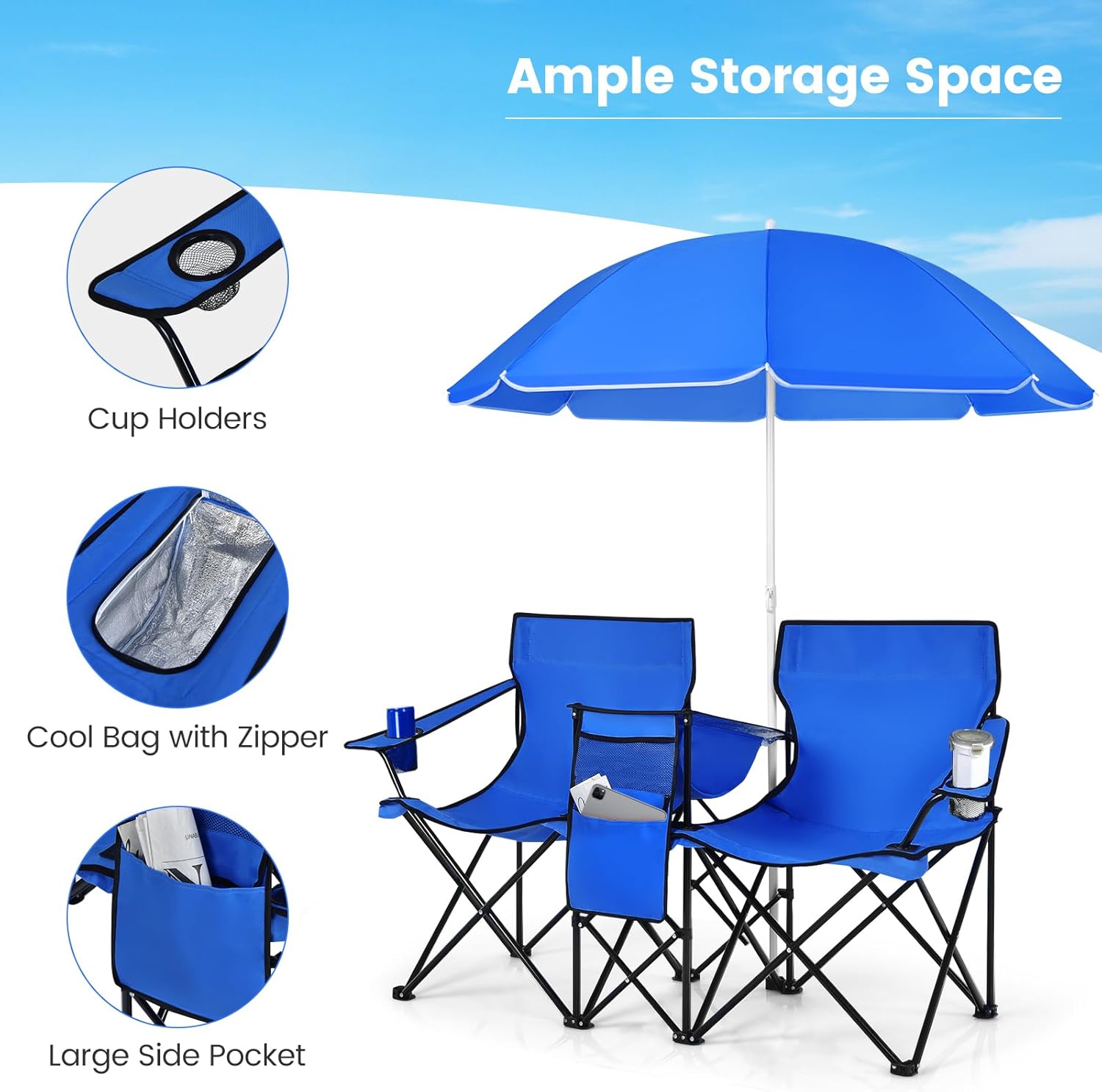 Double Camping Chair with Canopy, Folding Camp Chairs w/Cup Holder, Cooler & Carry Bag, Table, Side Pocket, 2 Person Portable Beach Chair with Umbrella, for Picnic Fishing (Blue)