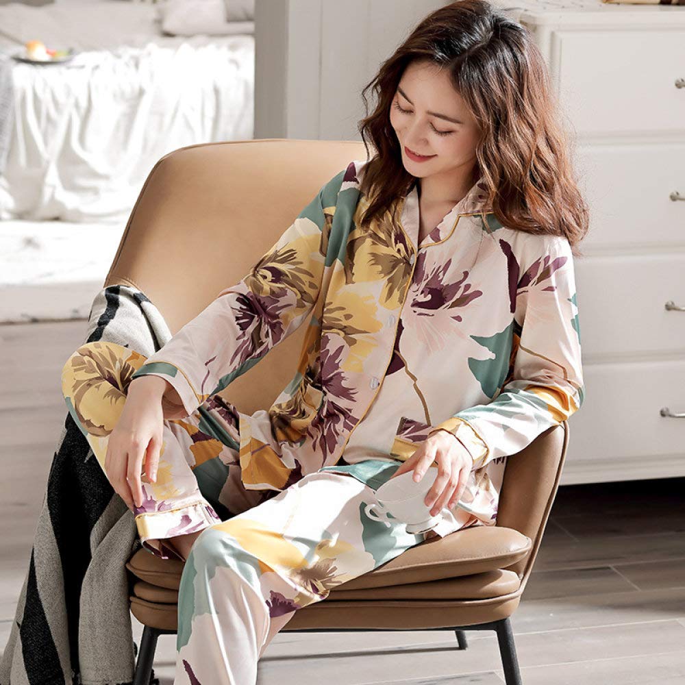 Pijama De Satén para Mujer,Primavera Otoño Mujer Pijama De Seda De Manga Larga con Bolsillos 2 Piezas Ropa De Dormir Suave Elegante Pijama con Botones Estampado De Flores