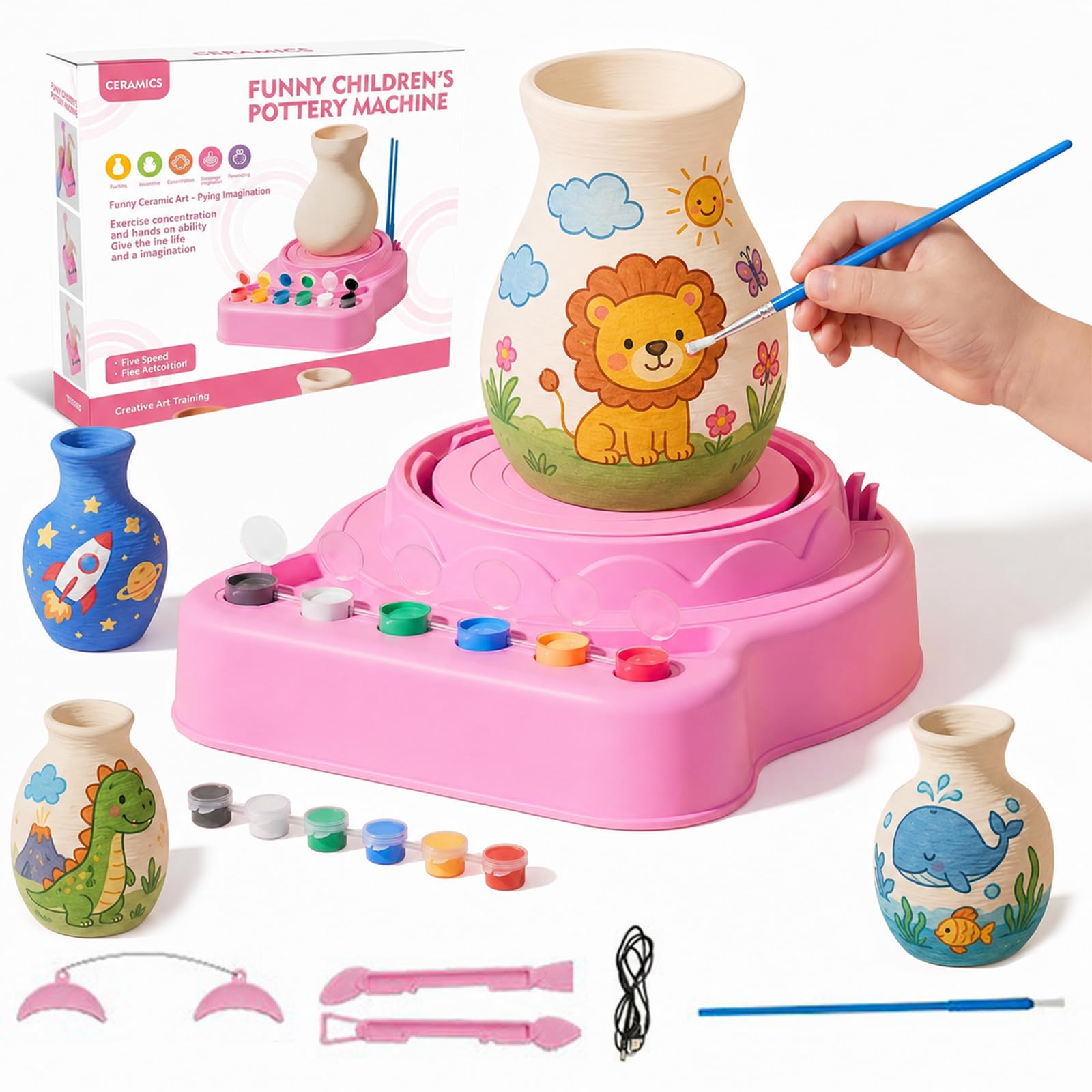 Pottery Wheel for Kids, USB Power Supply, Complete Pottery Kit with Water-Based Clay, Educational DIY Art Craft for Ages 4-6, Pink (2 Clay Bags Included) - Plastic Material for Easy Clean