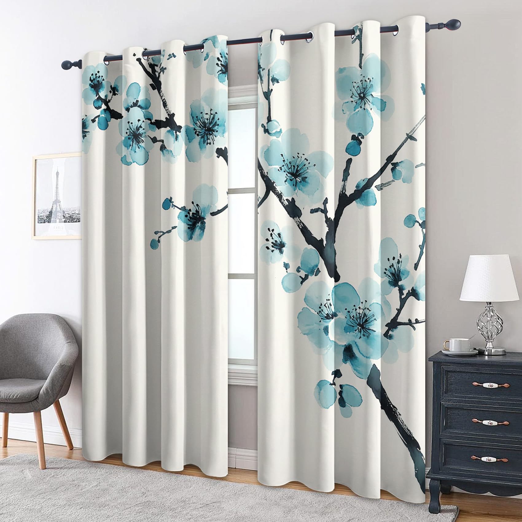 Zcwl Multicoloured Aqua Floral Curtains For Bedroom Living Room - Blue Flower Blackout Curtains - Thermal Eyelet Drapes - 90 Drop Patterned Window Treatments - 66X90 Inch (W X L) 2 Panels