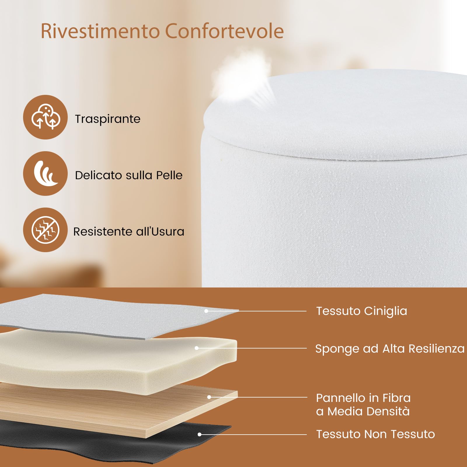 COSTWAY Pouf Contenitore 35 L, Ottomano in Tessuto Ciniglia con Coperchio Rimovibile, Sgabello con Gambe in Legno di Gomma, Portata 150 kg, per Soggiorno e Camera da Letto (Bianco)