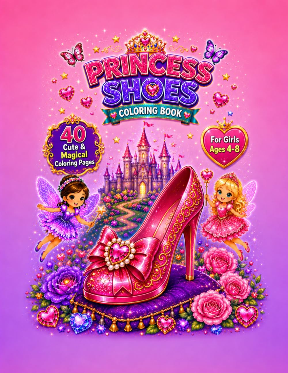 PRINCESS SHOES COLORING BOOK Cute & Magical Coloring Pages For Girls Ages 4-8: Fairies, Castles, Kittens & Magical Princess Shoes 40 Cute & Magical Coloring Pages for Girls Ages 4-8