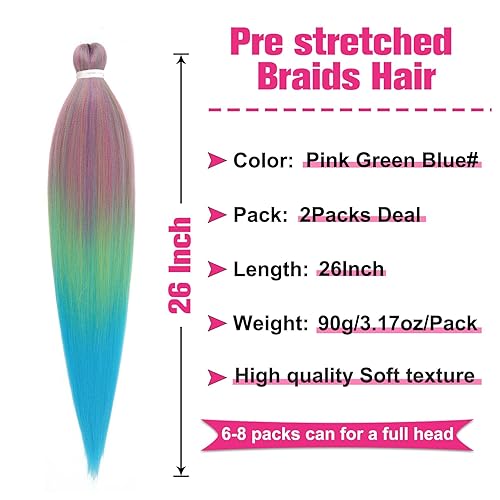 Miniatura 2 de Unionbeauty - Paquete de 2 paquetes de cabello trenzado preestirado de 26 pulgadas, color rosa, verde claro, azul, degradado, para trenzas de caja,
