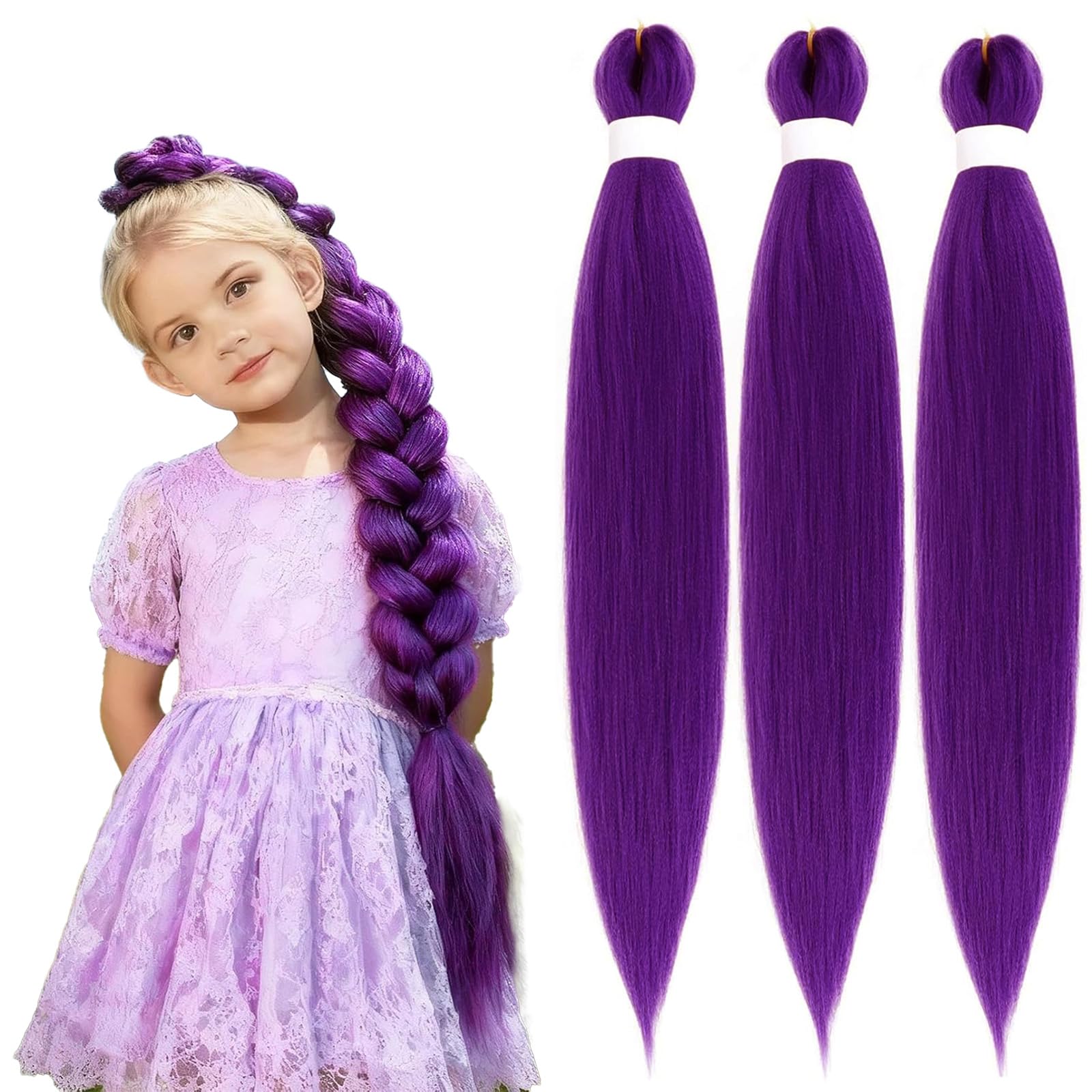 Purple Braiding Hair 26 Inch Pre Stretched Synthetic Braiding Hair for Braids, Rumi Hair 3 Packs Purple Hair Extensions for Braids DIY Ponytail Cosplay Halloween Costumes (26 Inch 3 Packs)