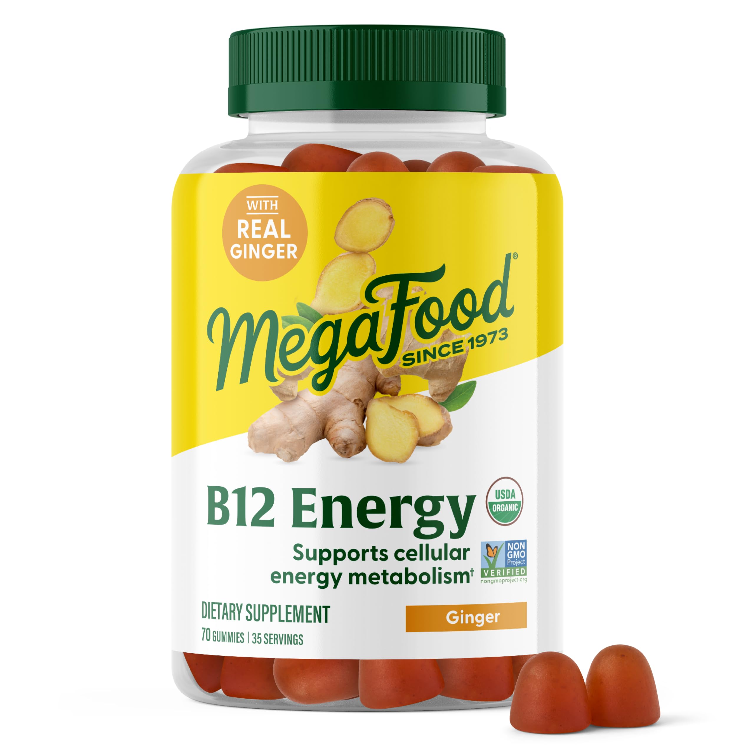 Megafood, Certified Organic B12 Energy Ginger Gummies, Soft Chew Vitamin B12 Supplement For Cellular Energy Support, Gluten Free, Vegan, 70 Gummies (35 Servings)