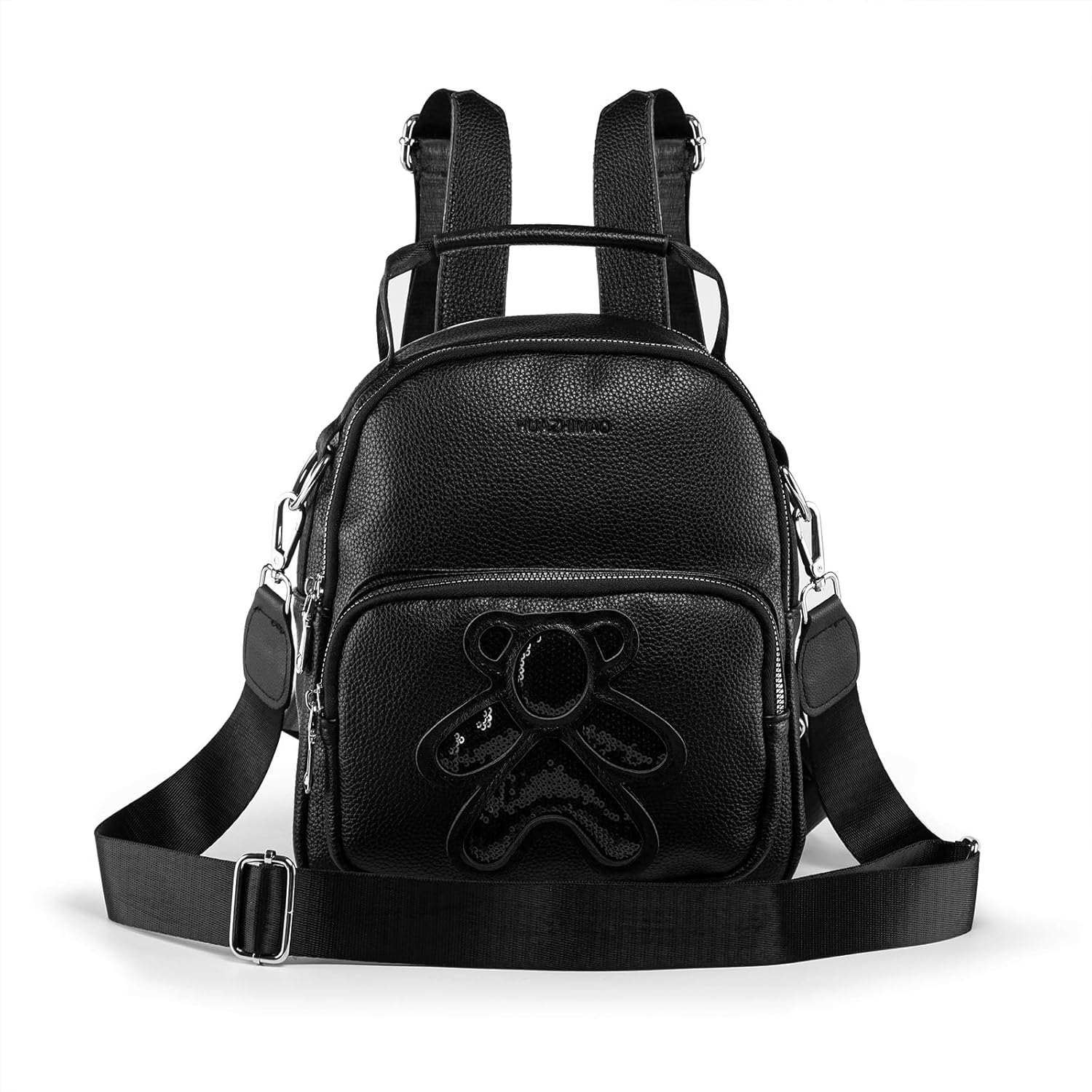 Small Backpack Purse for Women PU Leather Ladies Mini Backpack 3 in 1 Women's Fashion Versatile Backpacks Convertible Travel Shoulder Bags Handbag Wide Strap with Cute Panda Pattern (Black)