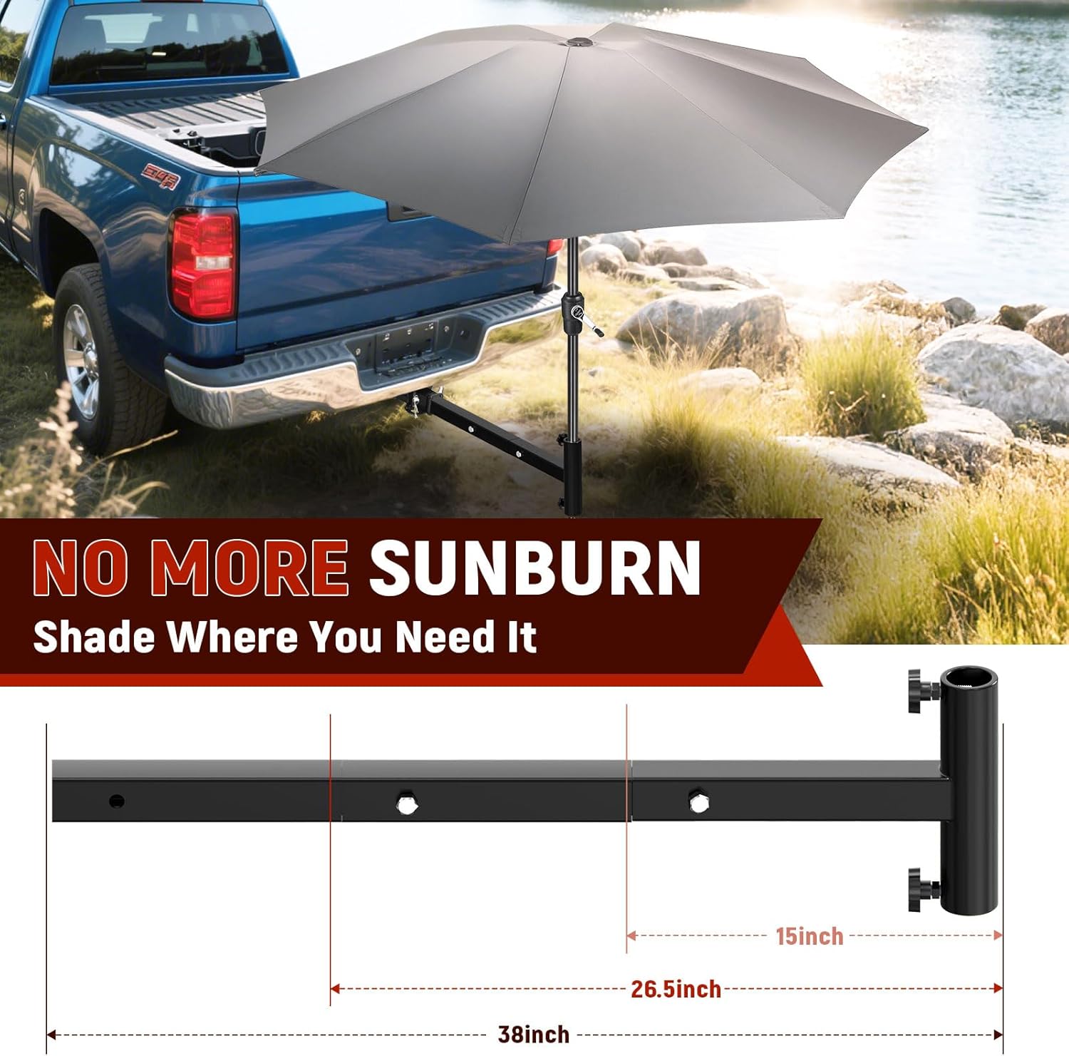 Heavy-Duty Hitch Mount Umbrella Holder – Adjustable Length (38" & 26.5") – Fits 1-3/8" to 2" Poles – Outdoor Umbrella Stand for Tailgating, Camping, Travel, and Other Outdoor Events, Black