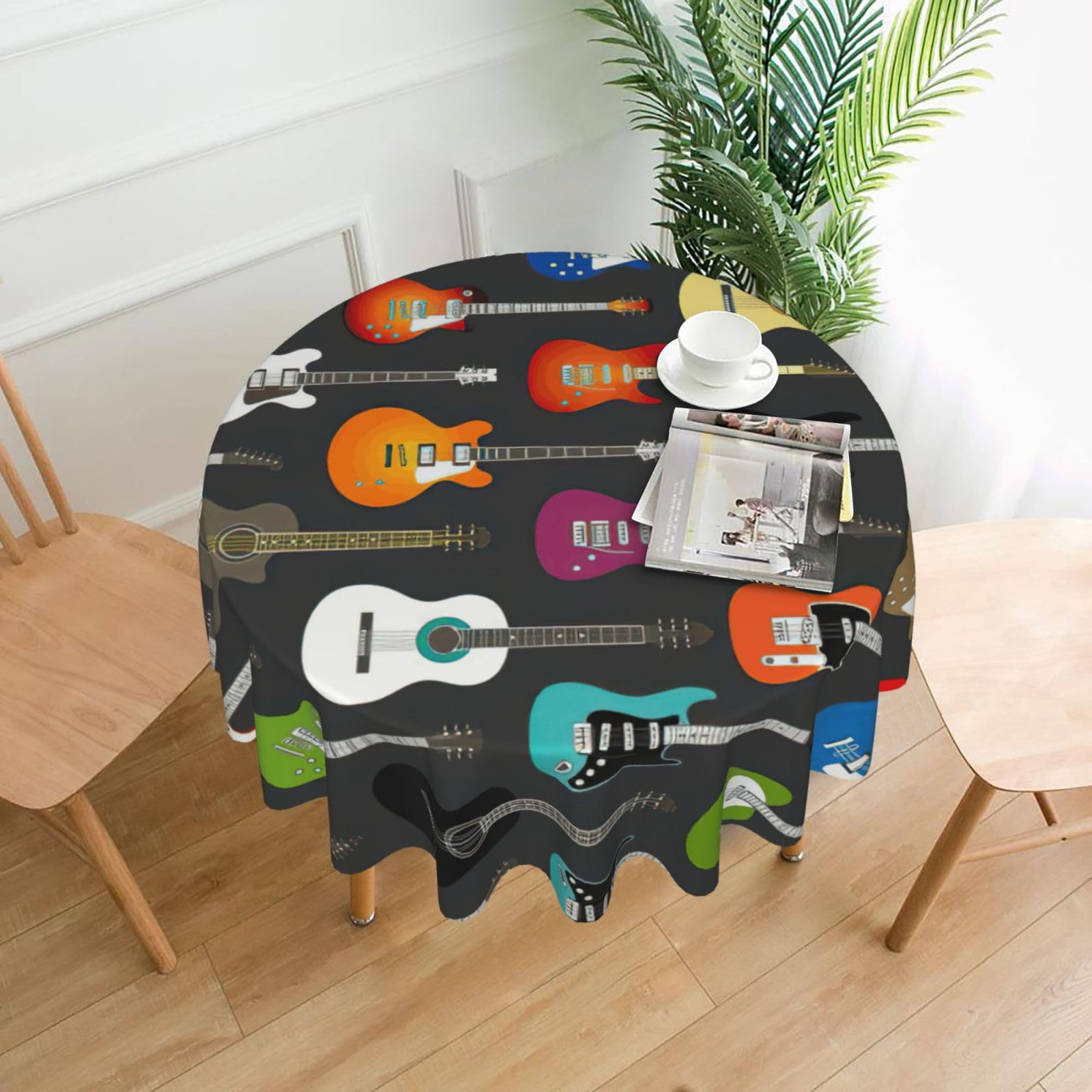 Zcmkjlg Color Acoustic and Guitars Print Quick Ship Round Tablecloth 60in Polyester Washable Cover for Dining Room