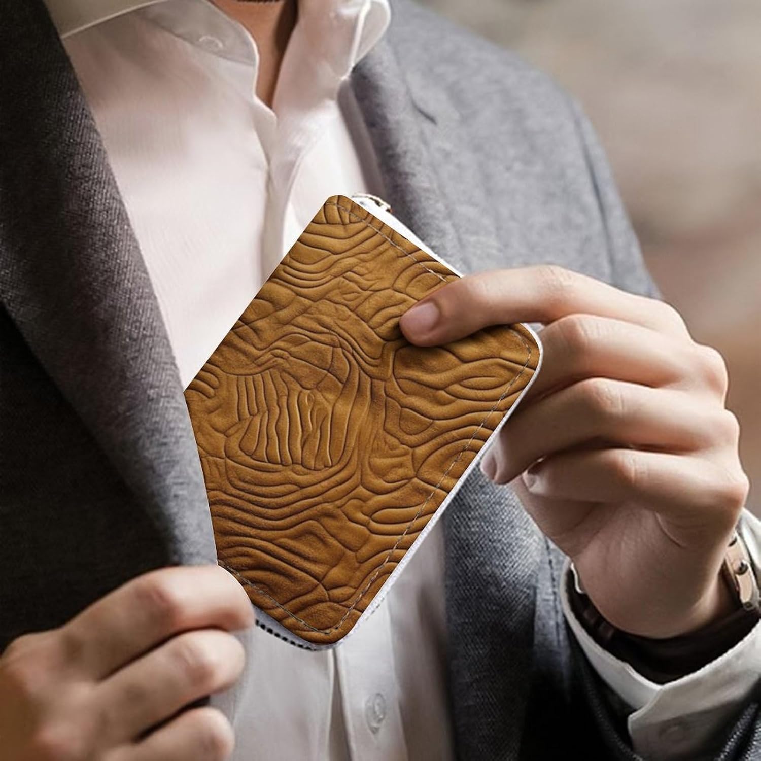 Leather Card Organizer Case Card Wallet Credit Card Holder Golden Pattern Printed Zipper Card Cases Holder for Women Men