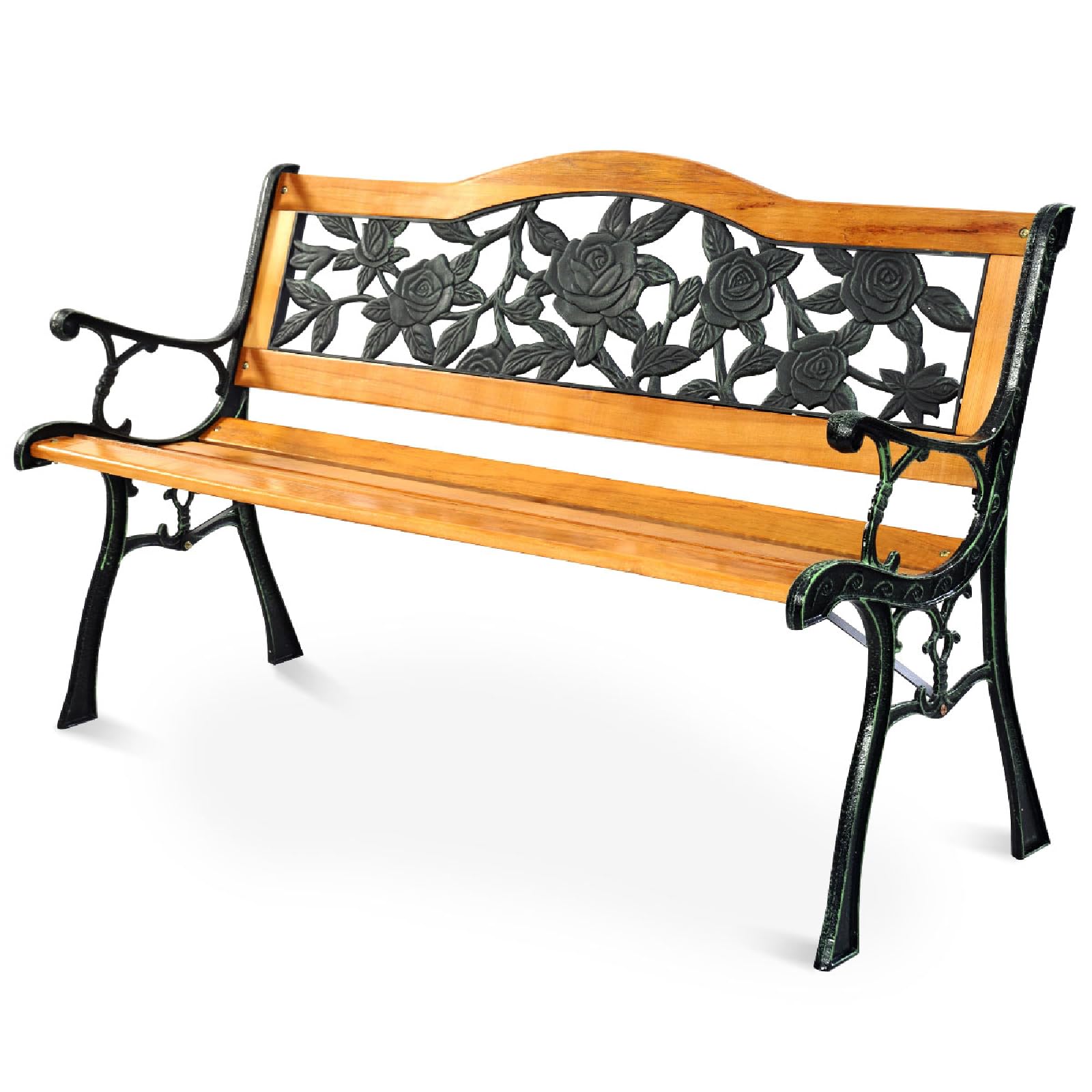 RELAX4LIFE Garden Bench, Weather-Proof Outdoor Slatted Seat with Flower Pattern, Rugged Cast Iron Loveseat for Backyard Porch Patio Poolside (Arched Back with Rose Pattern)