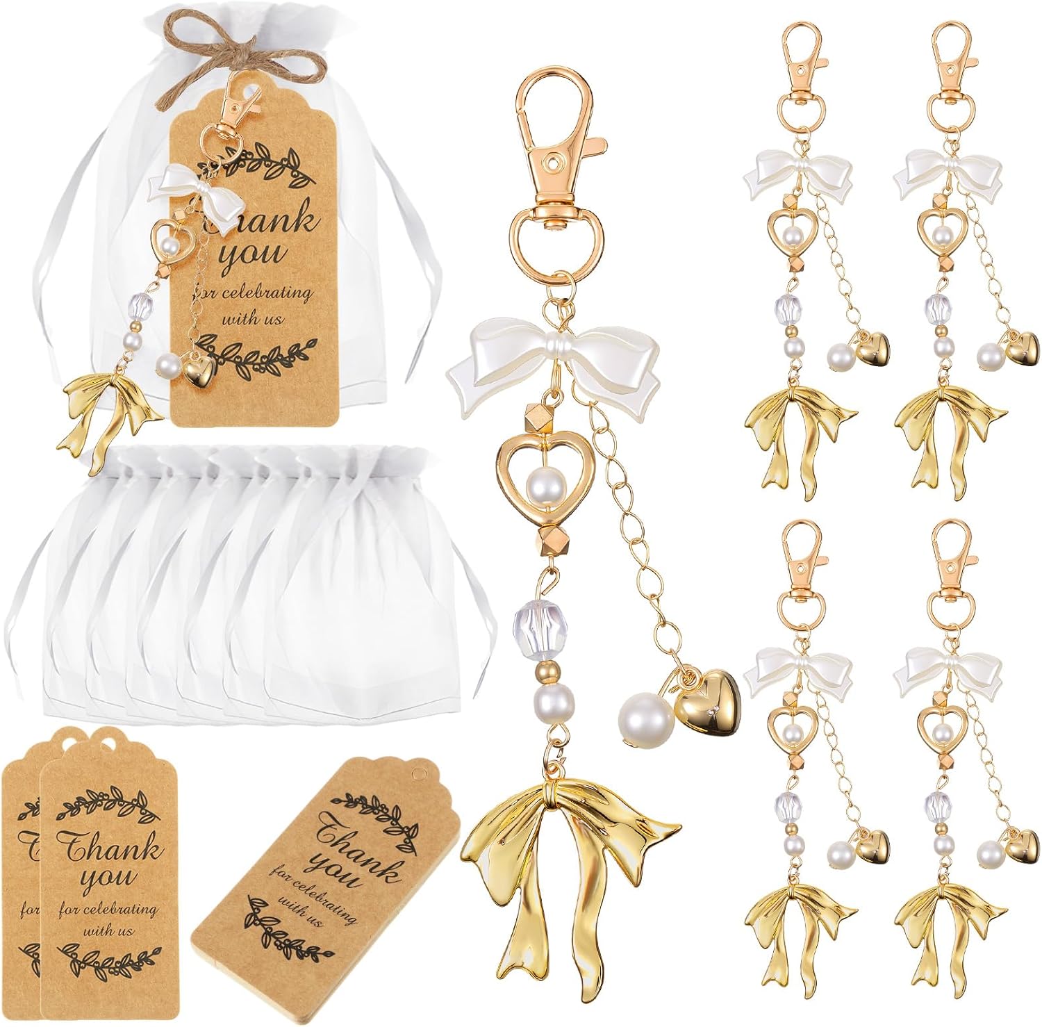 Ecation 20 Set Pearl Bow Keychain Party Favor Bulk Mother's Day Keyring Charm Accessories Present Kraft Tag Organza Bag for Guest Baptism Bridal Shower Graduation Wedding Party Gift(Gold, Novel Bow)