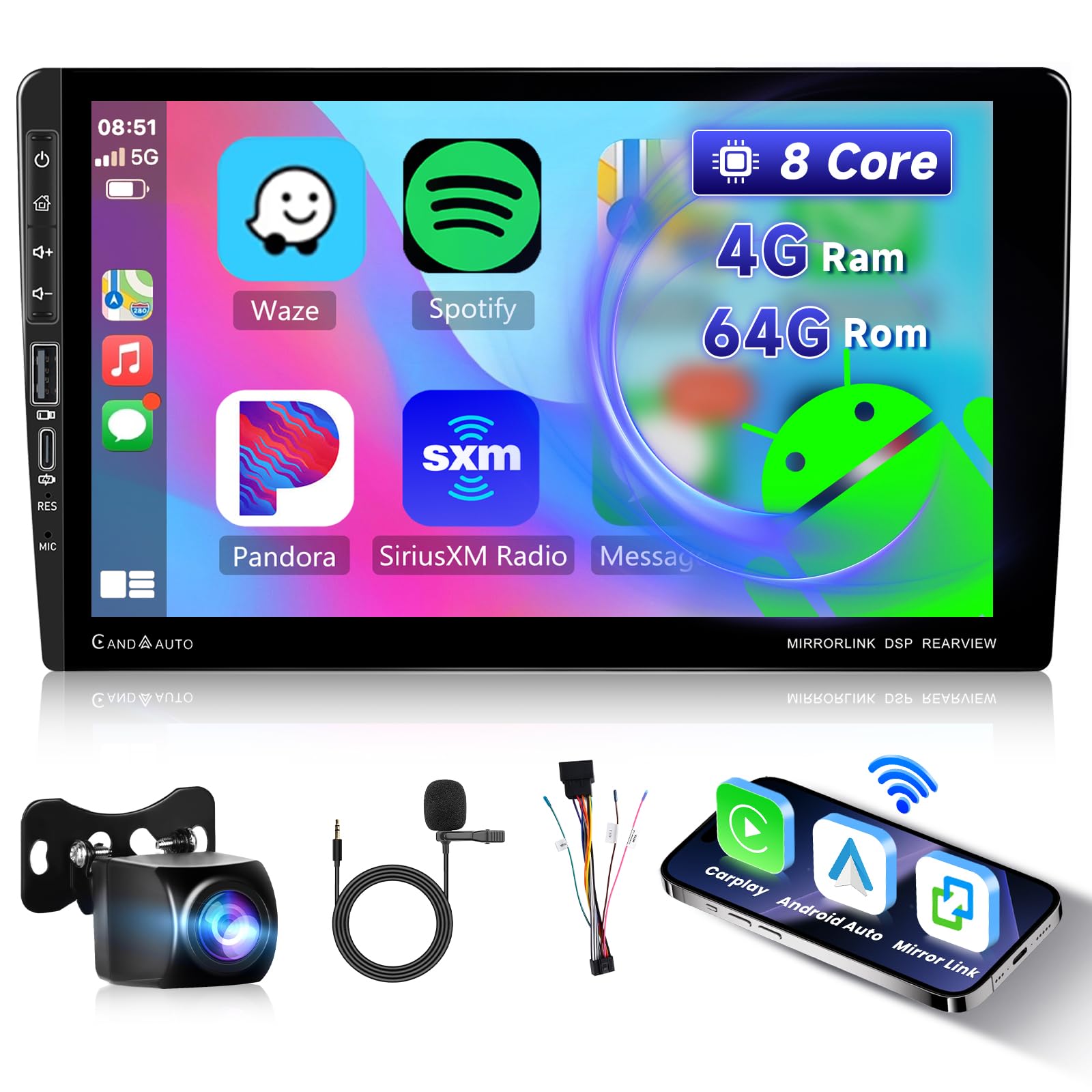 Autoradio Android 2 DIN Avec CarPlay Et Android Auto Sans Fil - Écran Tactile 7 Pouces - GPS, DSP, 4 Go RAM, 64 Go - Compatible Caméra De Recul - 5