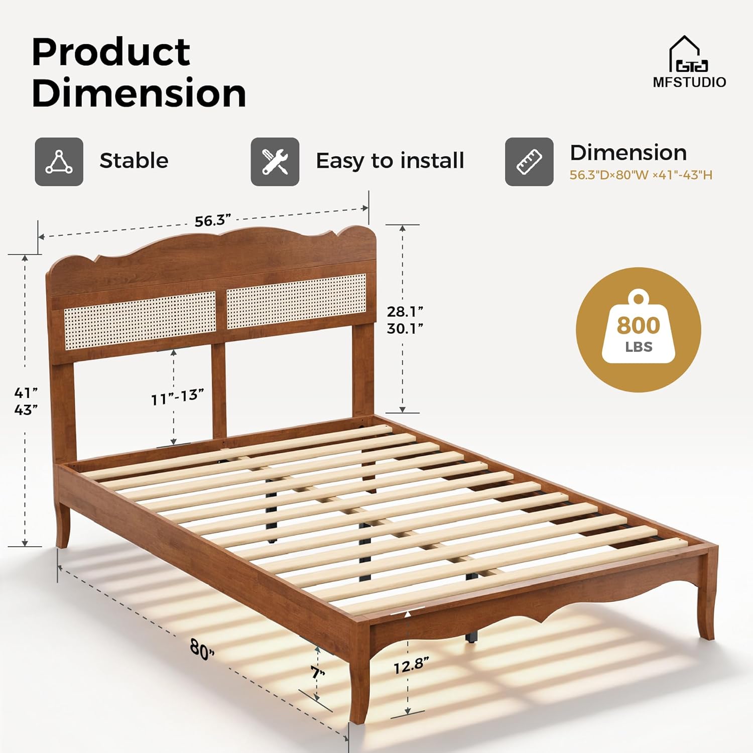 MFSTUDIO Full Wood Bed Frame with Headboard,Rattan Bed Frames Solid Wooden Platform Bedframe Mid Century,No Box Spring Needed,Sturdy Natural Finish Classic Noise Free