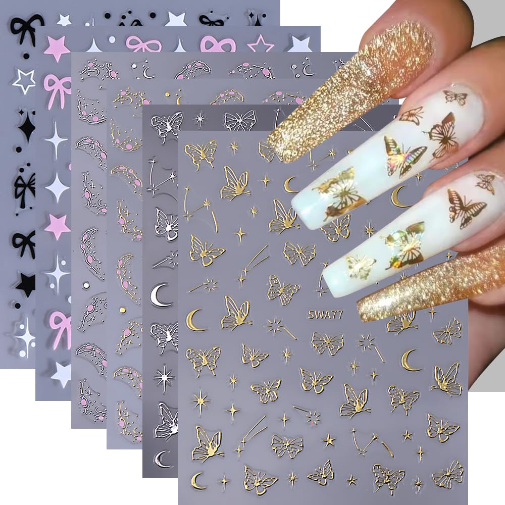 Nail Art Stickers, Gold Silver Butterfly Nail Decals 3D Self-Adhesive Gold Silver Pink Butterfly Bow Star Moon Nail Design Stickers DIY Manicure