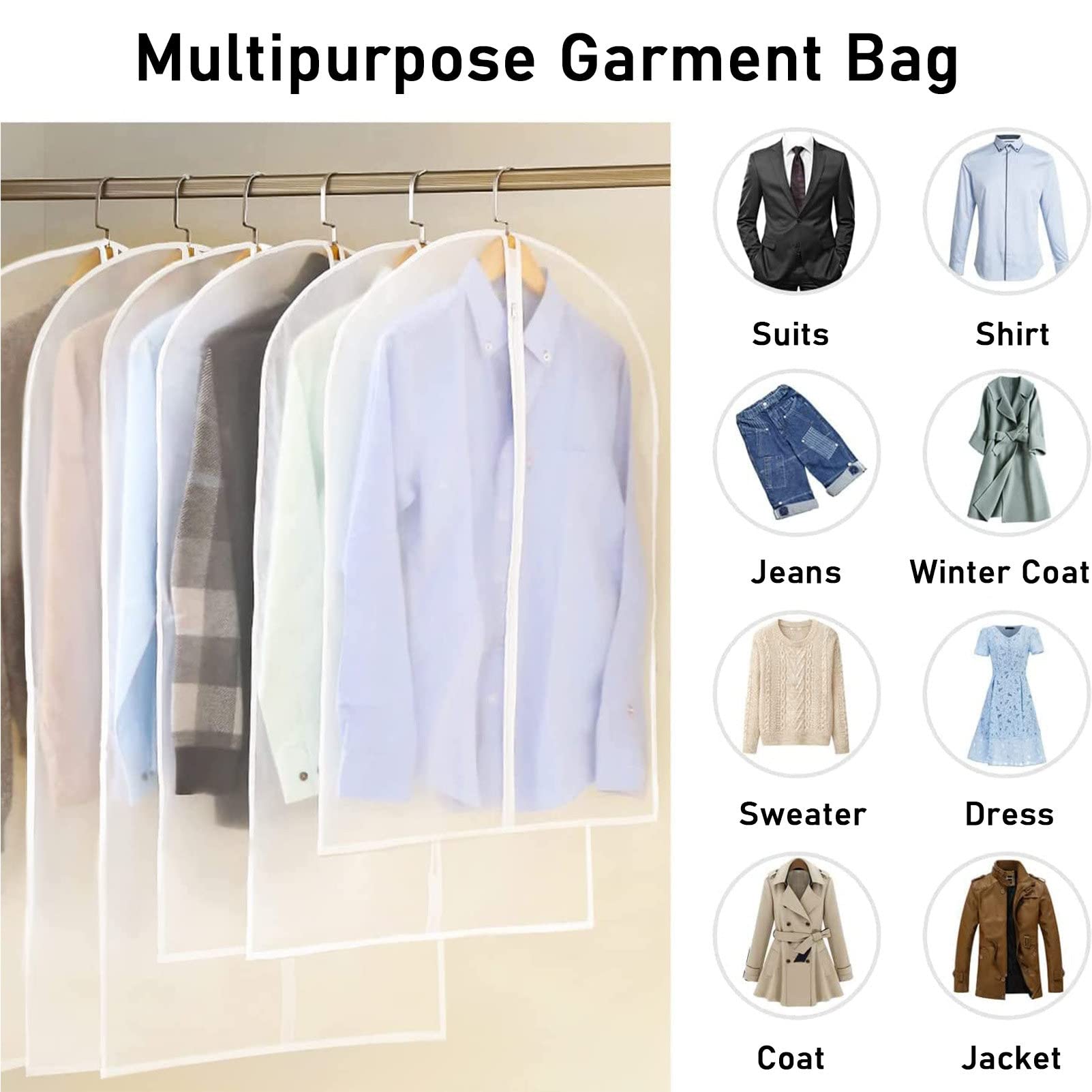 RayGenius Hanging Clothes Dust Bag Lightweight Clear Full-Zip Suit Bag (5er Set) Mothproof Breathable Dust Cover for Closet Clothes Storage - 24'' X 40'' /5 StüCk,60X120cm-Packof10