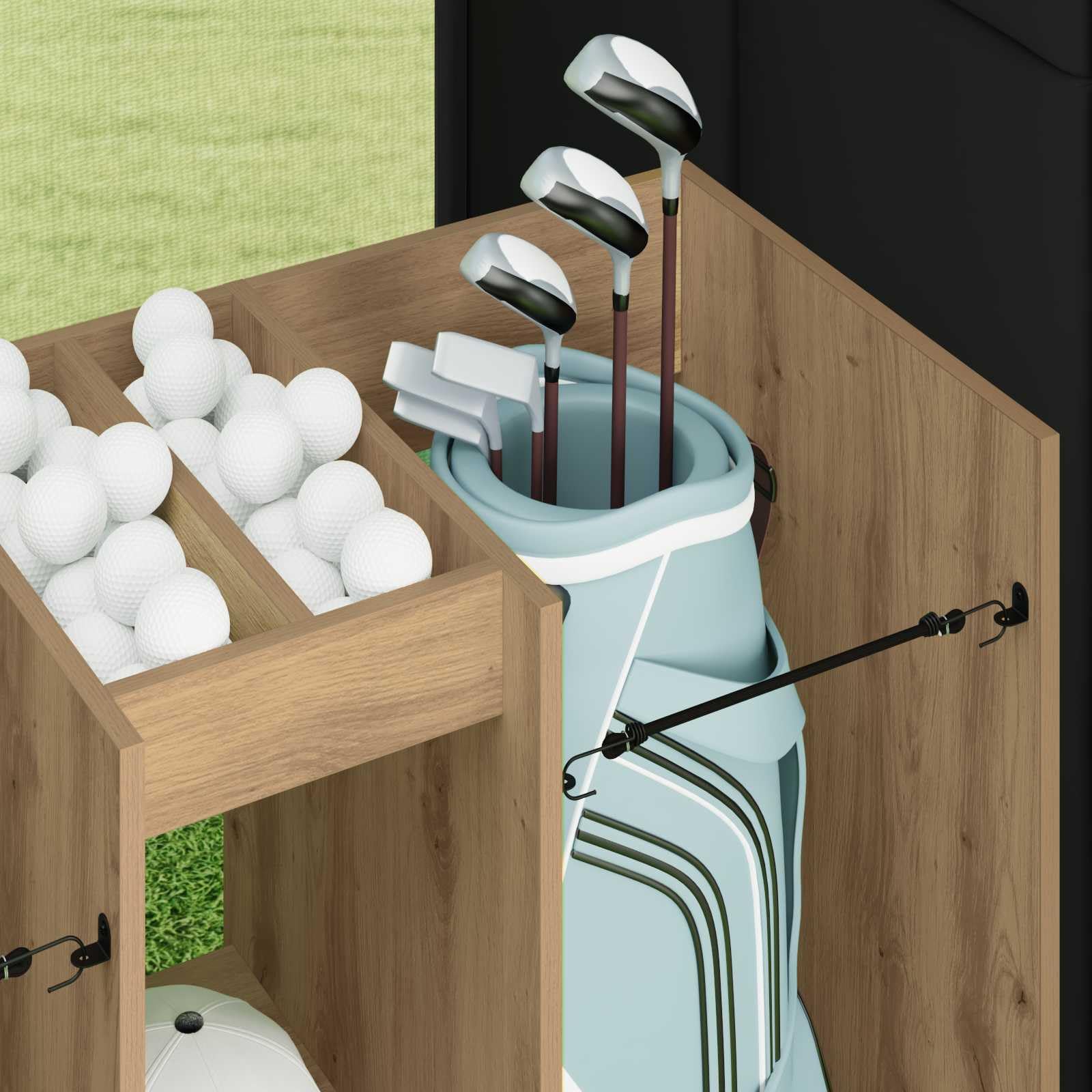 Golf Schrank Uni Artisan-Eiche 102 x 45 x 85,5 cm mit viel Stauraum, langlebigem Holz, stabilem Metallrahmen, ideal für Garagen, moderne Aufbewahrungslösung für Golfzubehör, Organisation