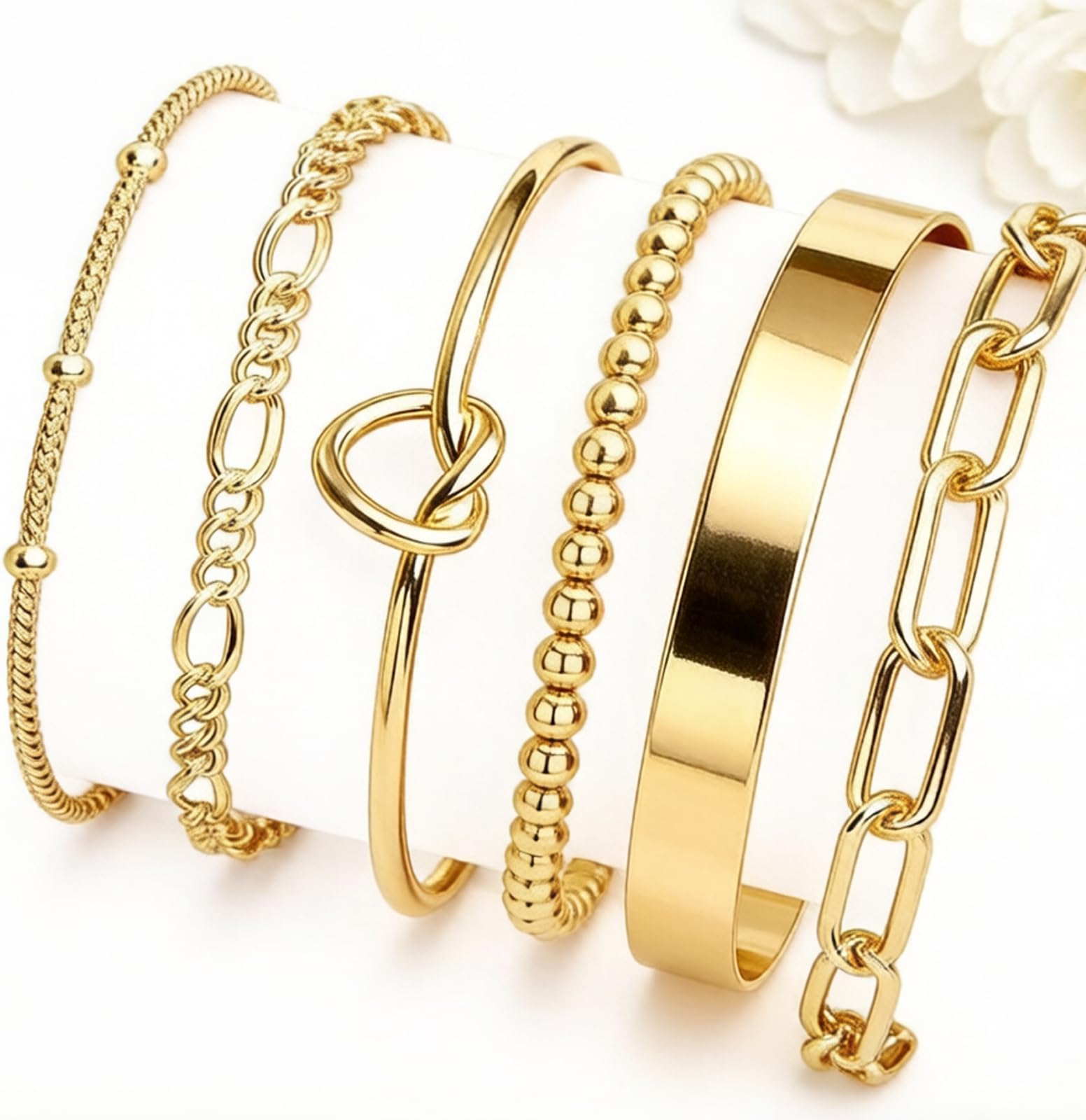 Gold Bracelets for Women, 5 Pcs Non-Tarnish Gold Plated Stackable Bangles with Beaded, Knot, Twisted, Cuff & Chain Designs, Everyday Jewelry Gifts​