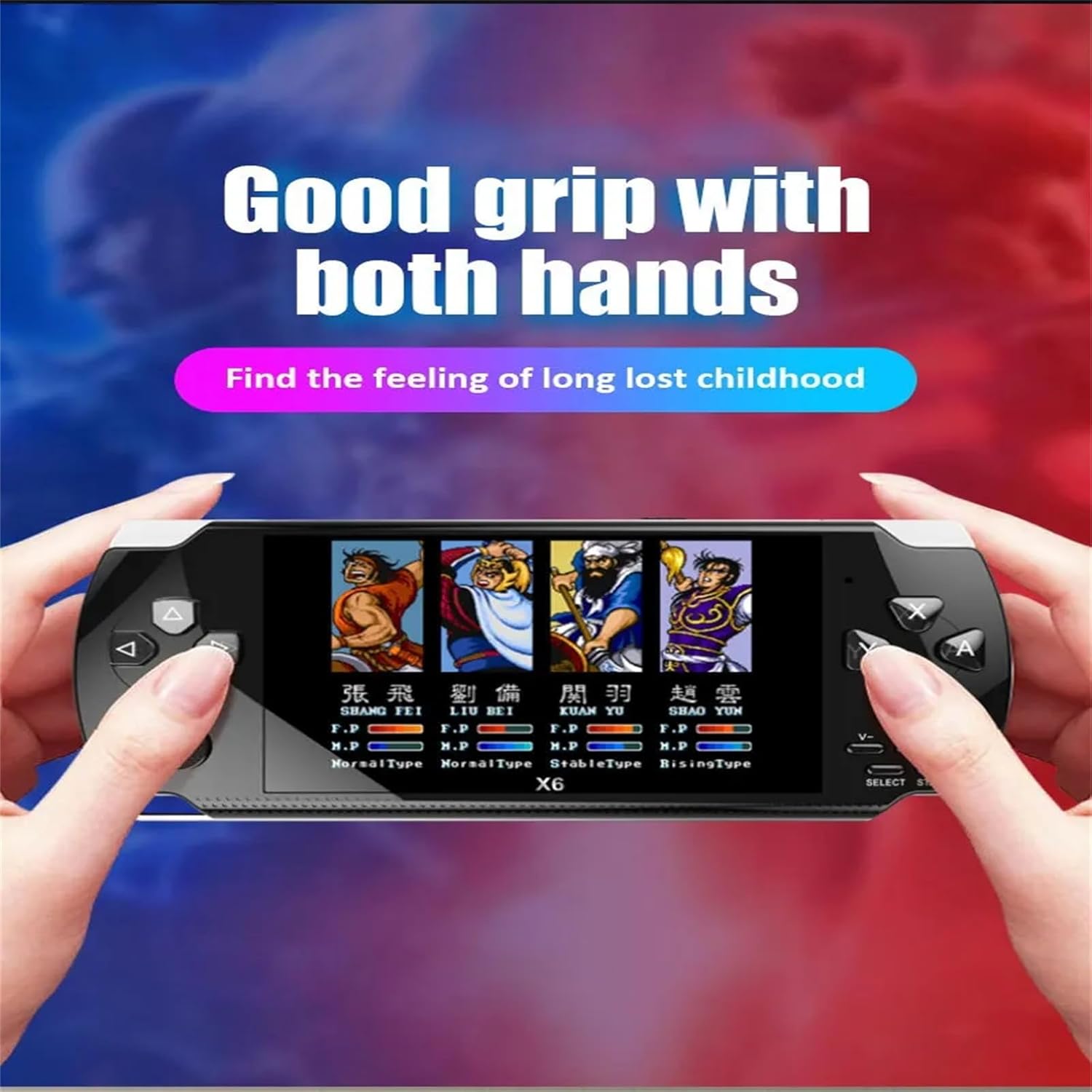 WUYJTIF X6 console held by hands, displaying a game in progress.