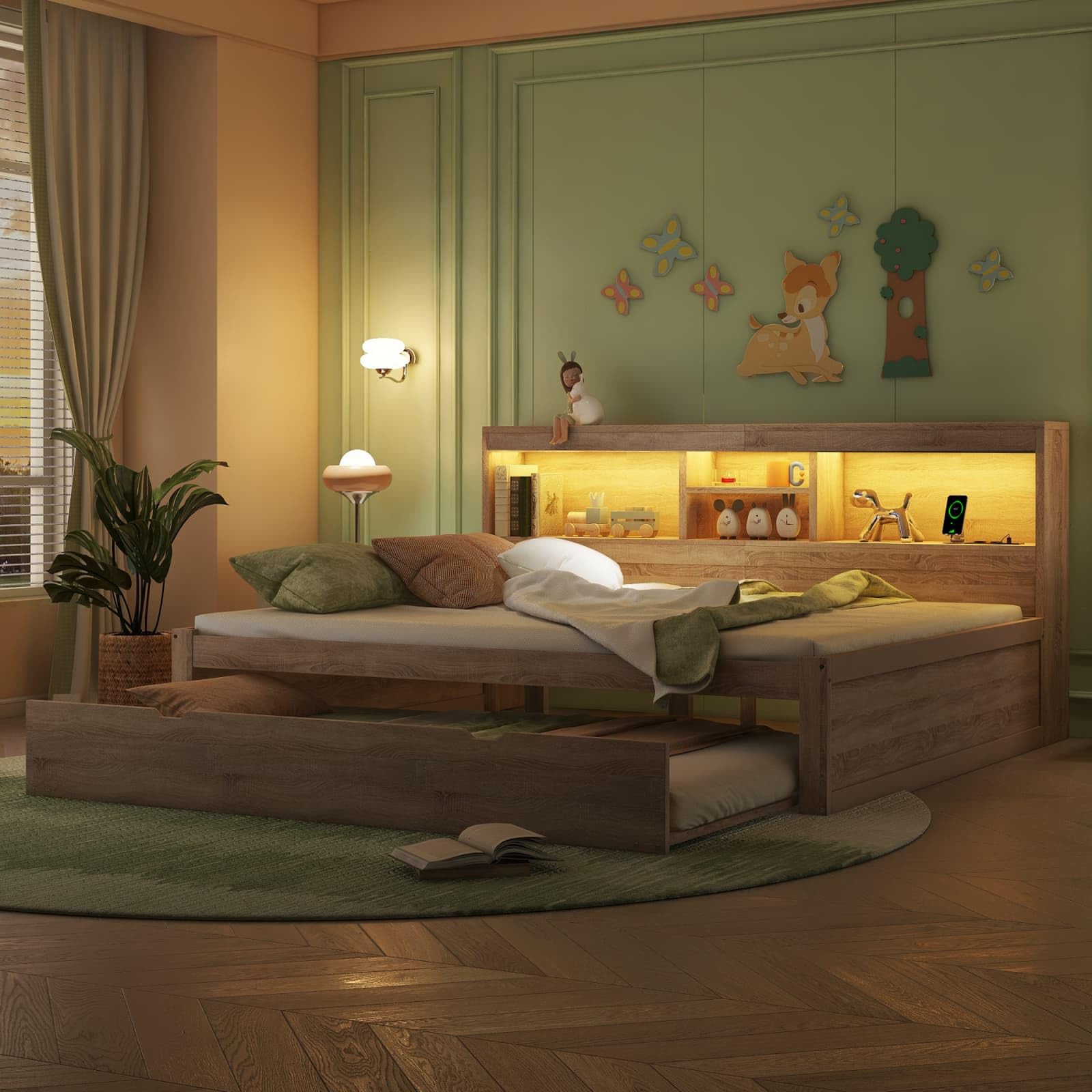 KOMHTOM Canapé-lit avec Compartiment de Rangement et Port de Charge, Lit de Jour Multifonctionnel avec lit gigogne et Lumière LED(sans Matelas) (Naturel, 140x200cm)