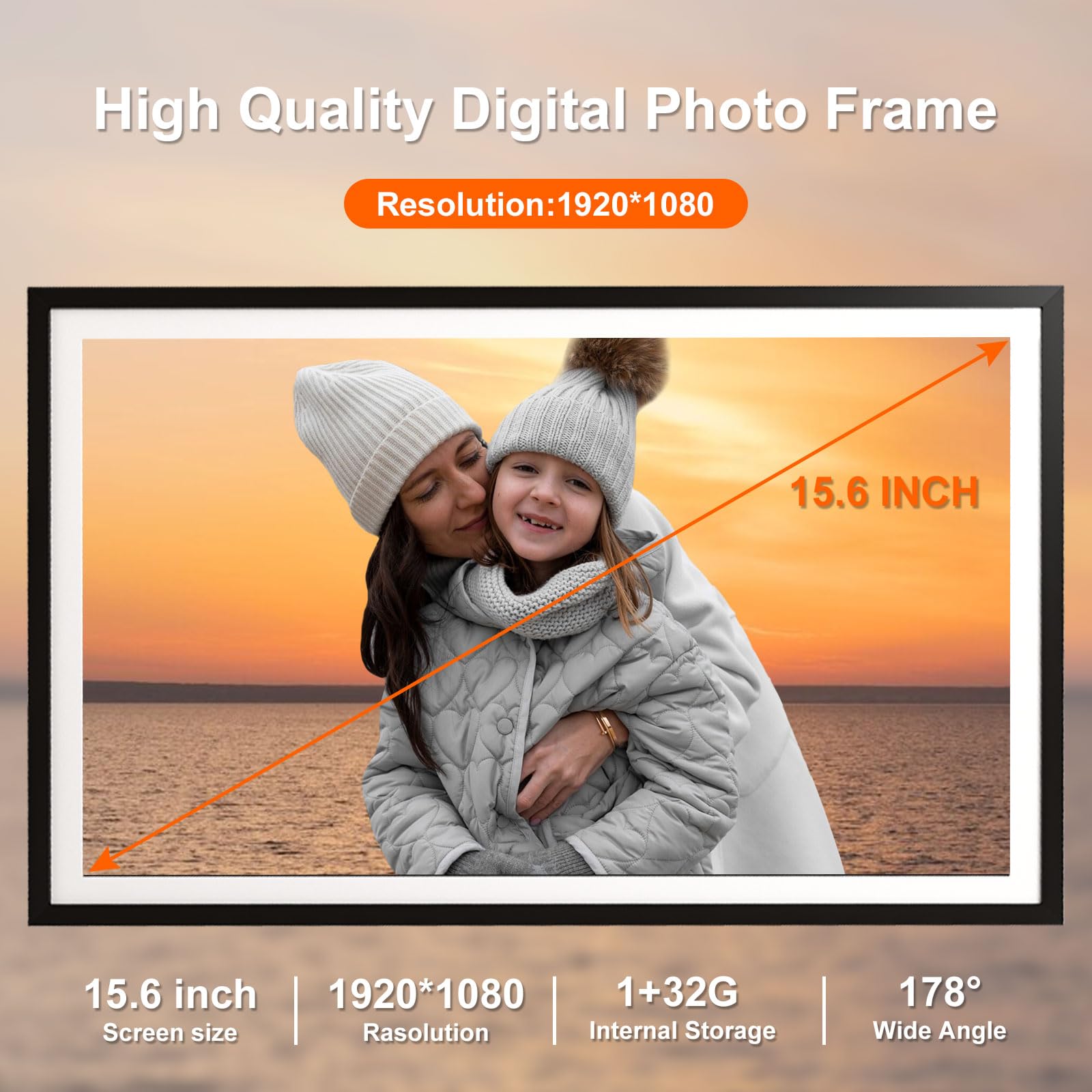 FRAMEO Digitaler Bilderrahmen 15,6 Zoll FHD Touchscreen Elektronischer Bilderrahmen Groß mit 32GB WALN Fernfreigabe von Fotos und Videos mit Kalender Wetter Musik