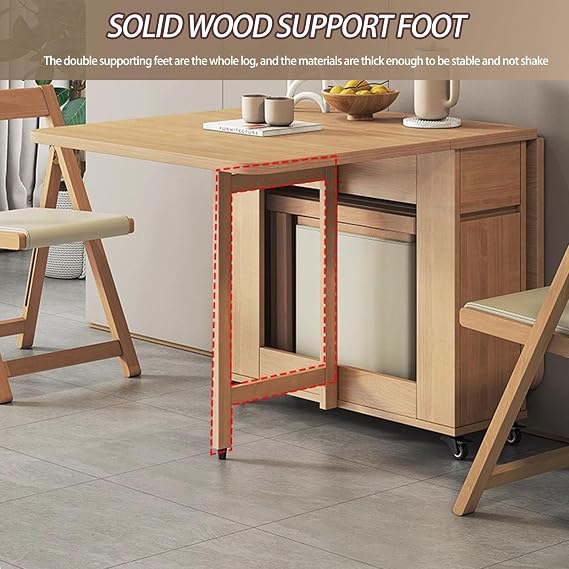 Extendable Folding Dining Table Set,Drop Leaf Table Solid Wood,with 4 Chairs and Wheels,Saving Space kitchen table for Dining Living Room(Wood,Table)