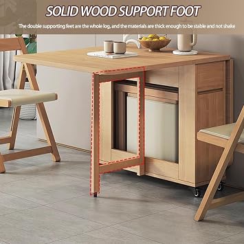 Extendable Folding Dining Table Set,Drop Leaf Table Solid Wood,with 4 Chairs and Wheels,Saving Space kitchen table for Dining Living Room(Wood,Table)