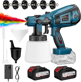 Paint Sprayer, 650W Cordless Spray Paint Gun with 2 * 4.0mAh Batteries, 6 Brass Nozzles & 3 Spray Patterns, Electric Paint Sprayer for House Painting Graffiti Wall Fence Furniture DIY Projects