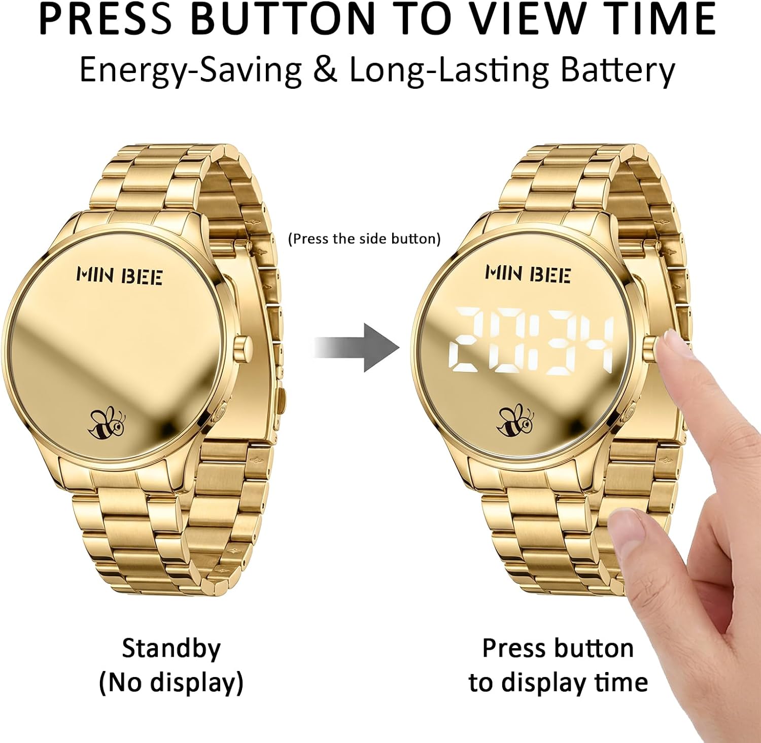 Unisex 40mm Minimalist Digital Watch, Large LED Display 12/24H Format, Stainless Steel Band, 30m Water Resistant, Tool-Free Adjustable for Daily Wear