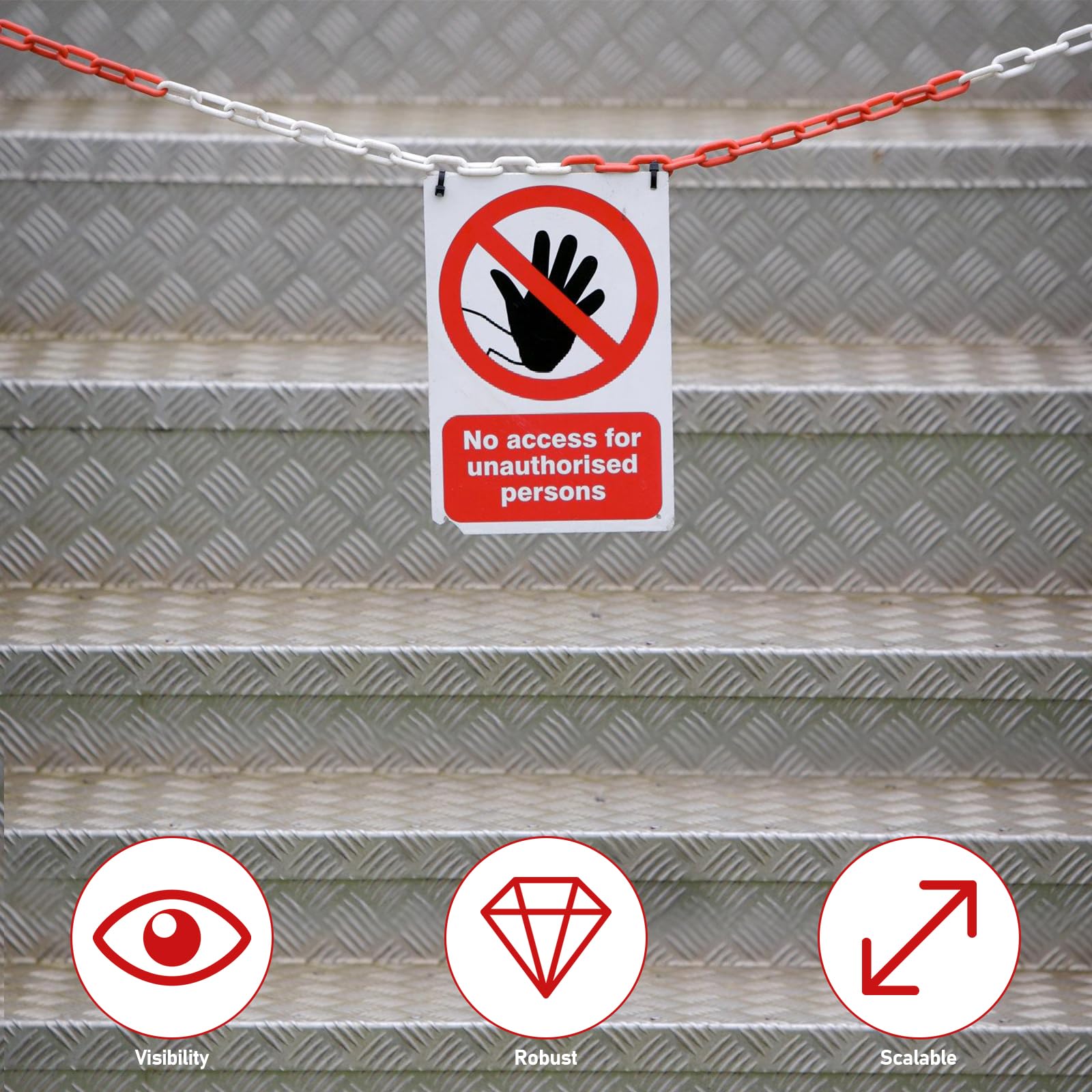 Catena di avvertimento in plastica, colore rosso, bianco, 15 m x 6 mm, per la sicurezza di avvertimento, parcheggio, costruzione, superfici