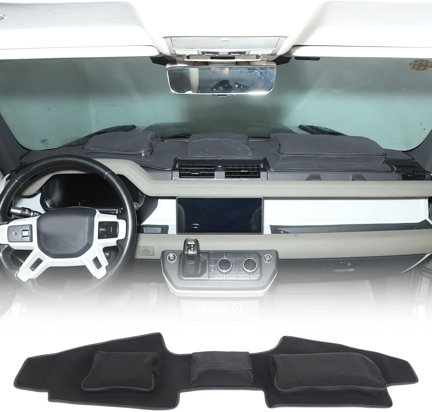 LLKUANG Car Dashmat Dash Mat Compatible with Land Rover Defender 90 110 2020-2025,Polyester Car Dashboard Cover Sun Shade Pad Anti-Slip Dash Board Accessories(LHD) (Black(with Storage Bag))