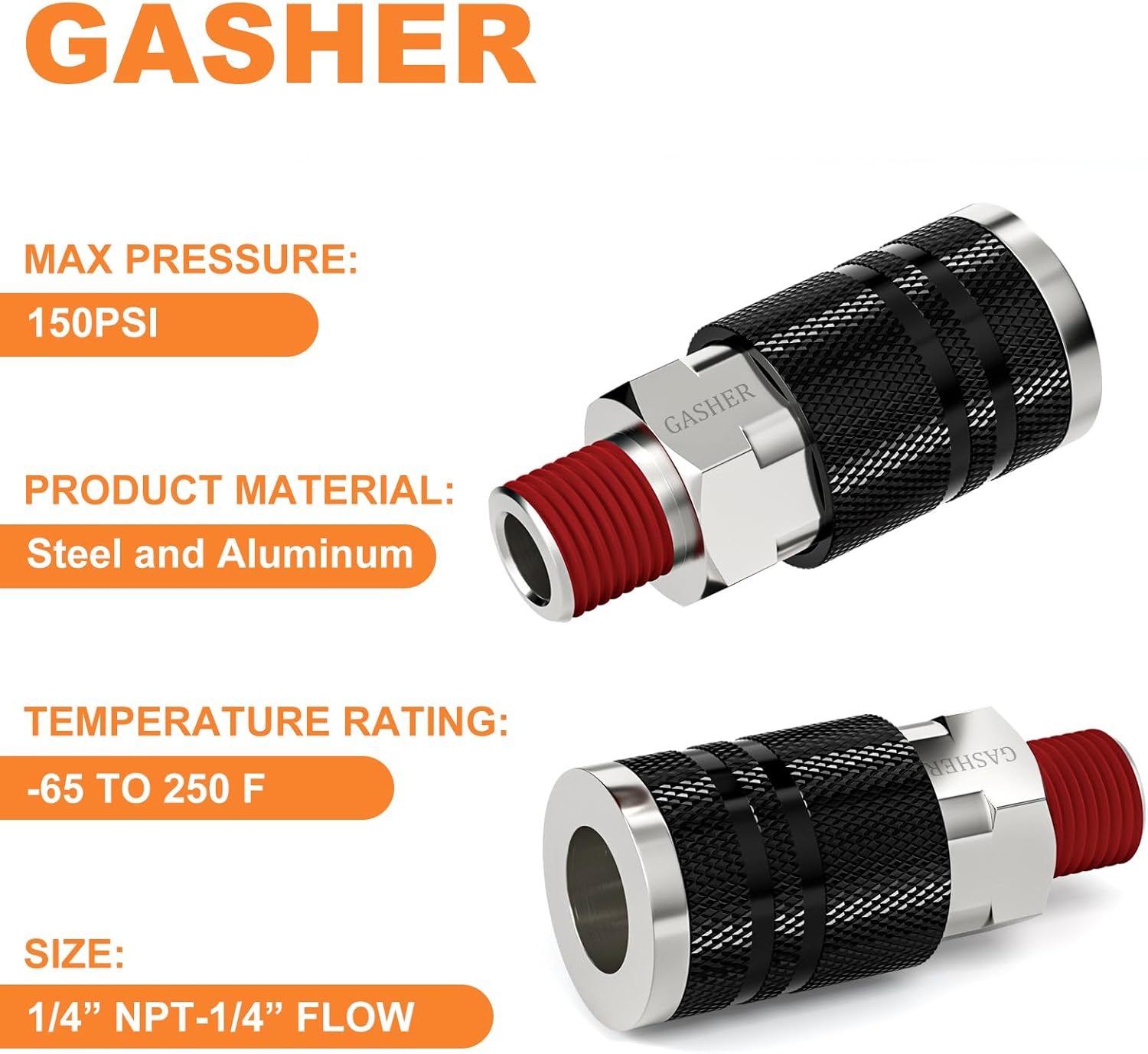 GASHER 2PCS Black 1/4" MNPT Quick Connect Air Coupler, 1/4" Basic Flow Industrial Coupler, I/M Type, For Air Compressor Quick Connect Air Hose Fittings Set